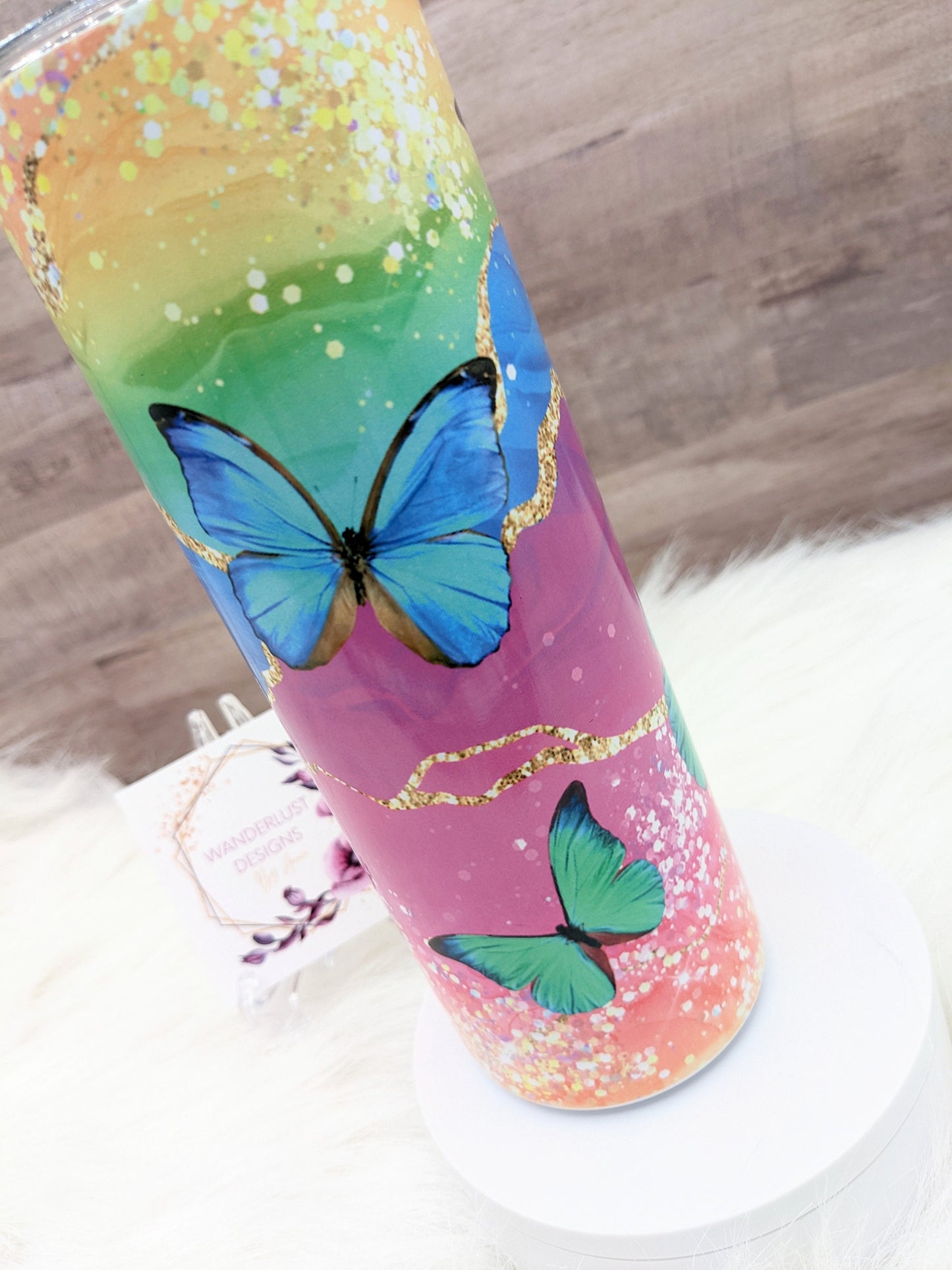 Butterfly Glitter Pink, Coral, Purple, Green Blue Oz Sublimated Skinny Tumbler - Insulated Stainless