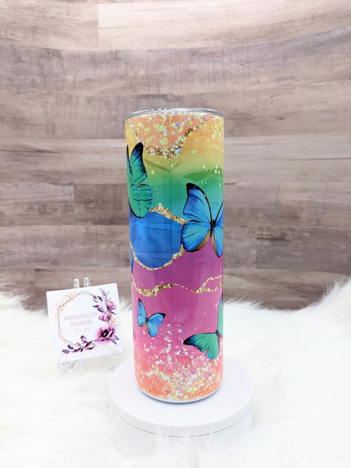 Butterfly Glitter Pink, Coral, Purple, Green Blue Oz Sublimated Skinny Tumbler - Insulated Stainless