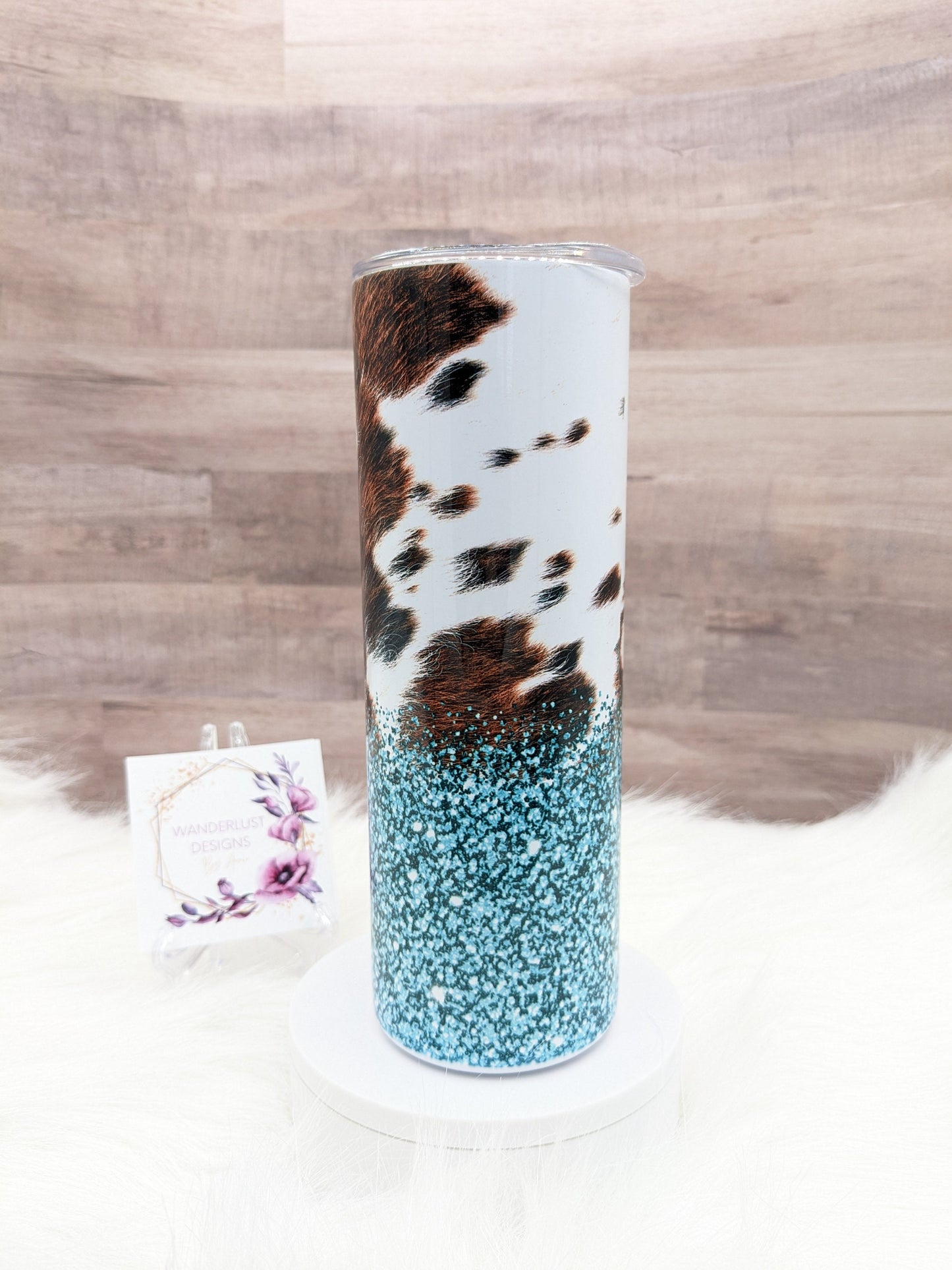 Cowhide and Teal Glitter Western 20 Oz Sublimated Skinny Tumbler - Insulated Stainless