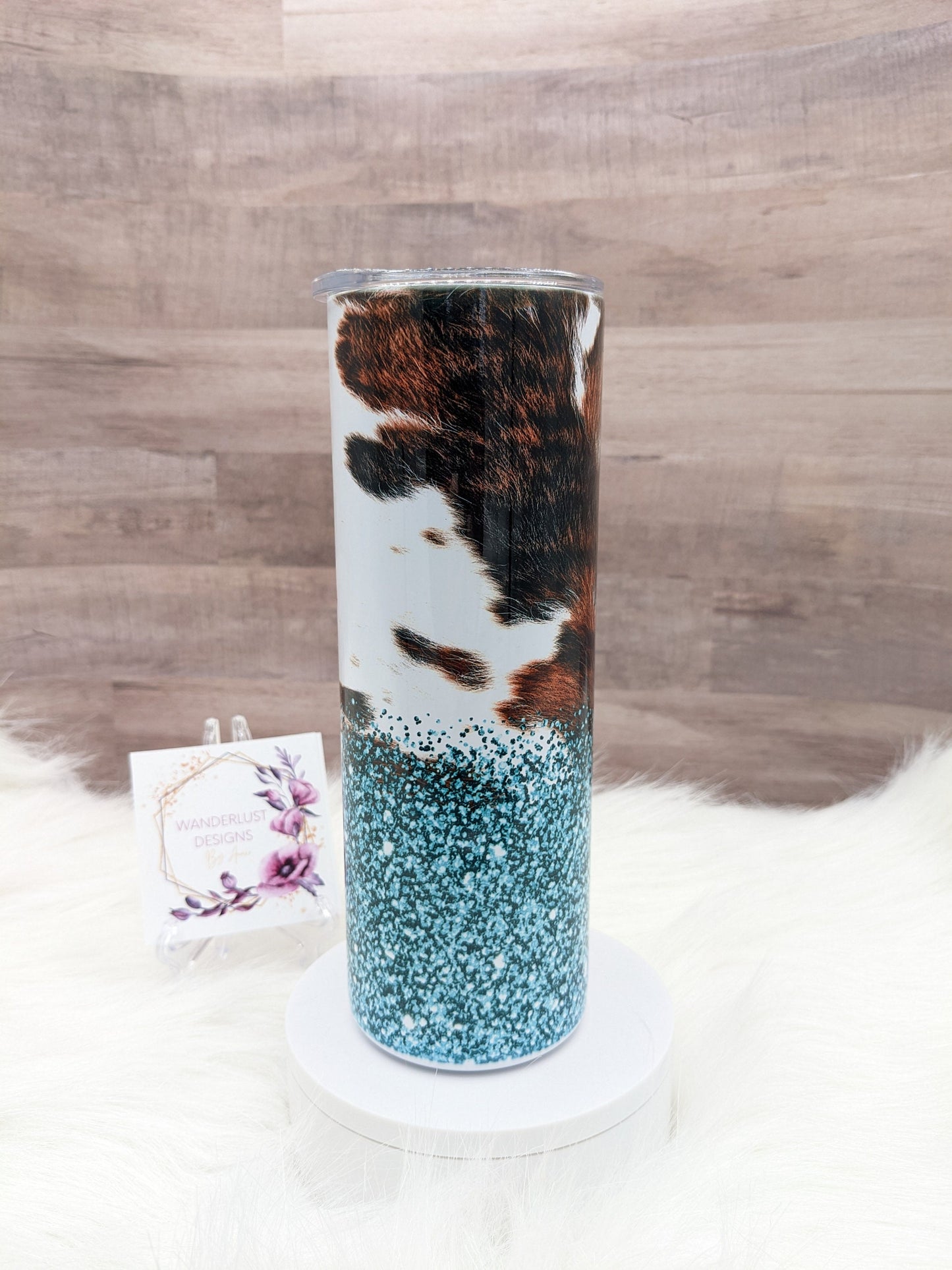 Cowhide and Teal Glitter Western 20 Oz Sublimated Skinny Tumbler - Insulated Stainless