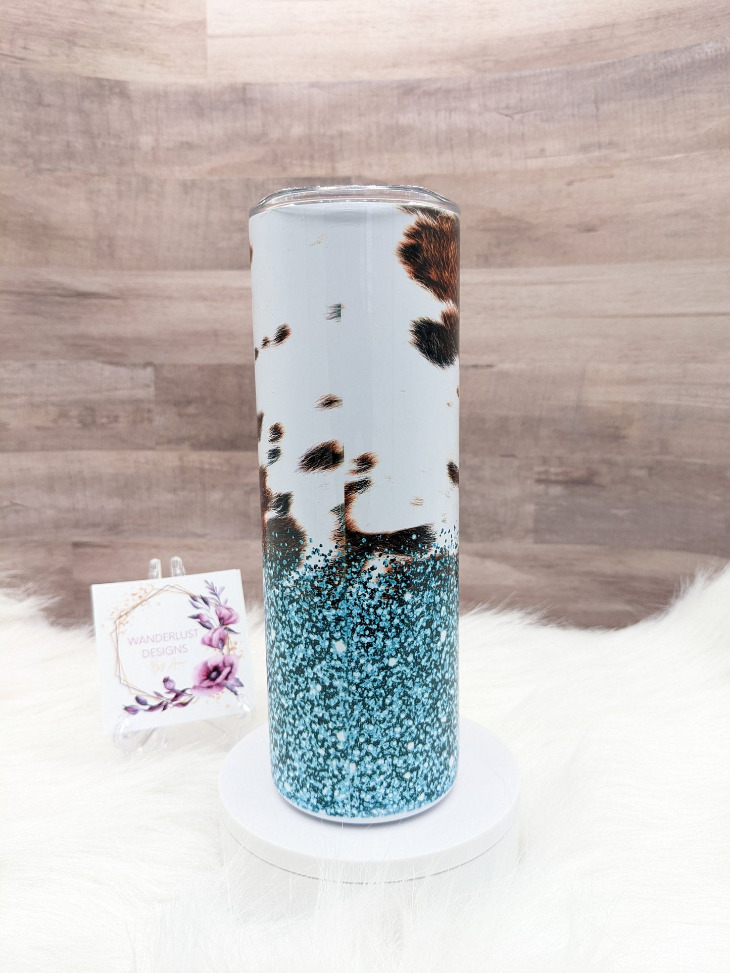 Cowhide and Teal Glitter Western 20 Oz Sublimated Skinny Tumbler - Insulated Stainless