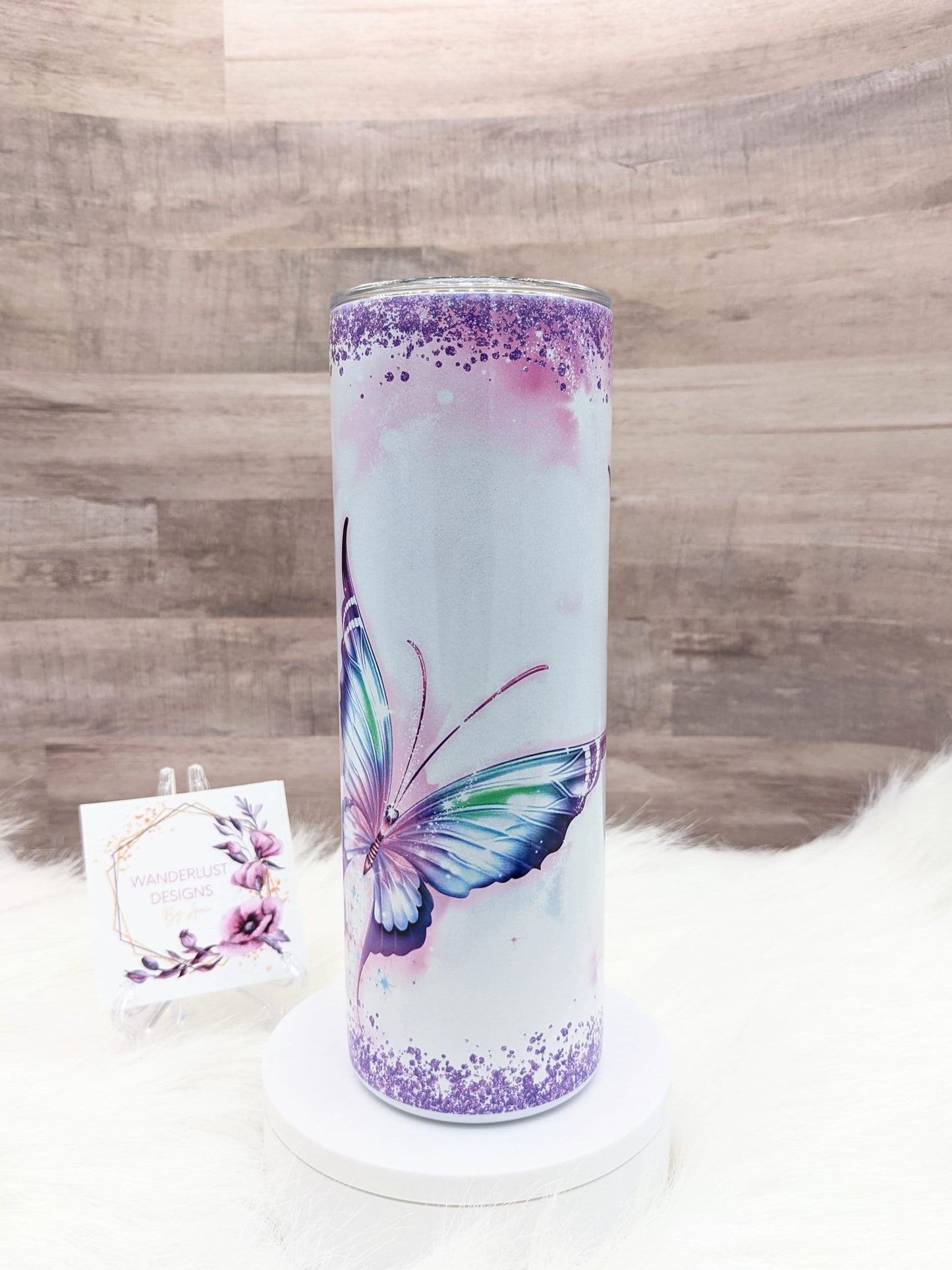 Butterfly with Purple Glitter Shimmer Holographic 20 Oz Sublimated Skinny Tumbler - Insulated Stainless