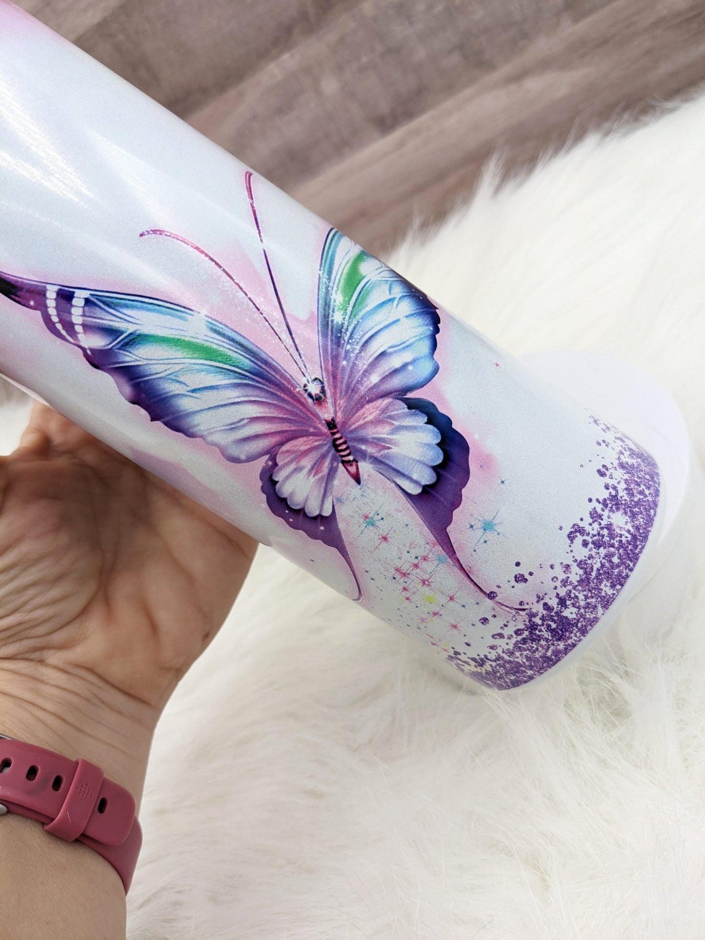 Butterfly with Purple Glitter Shimmer Holographic 20 Oz Sublimated Skinny Tumbler - Insulated Stainless