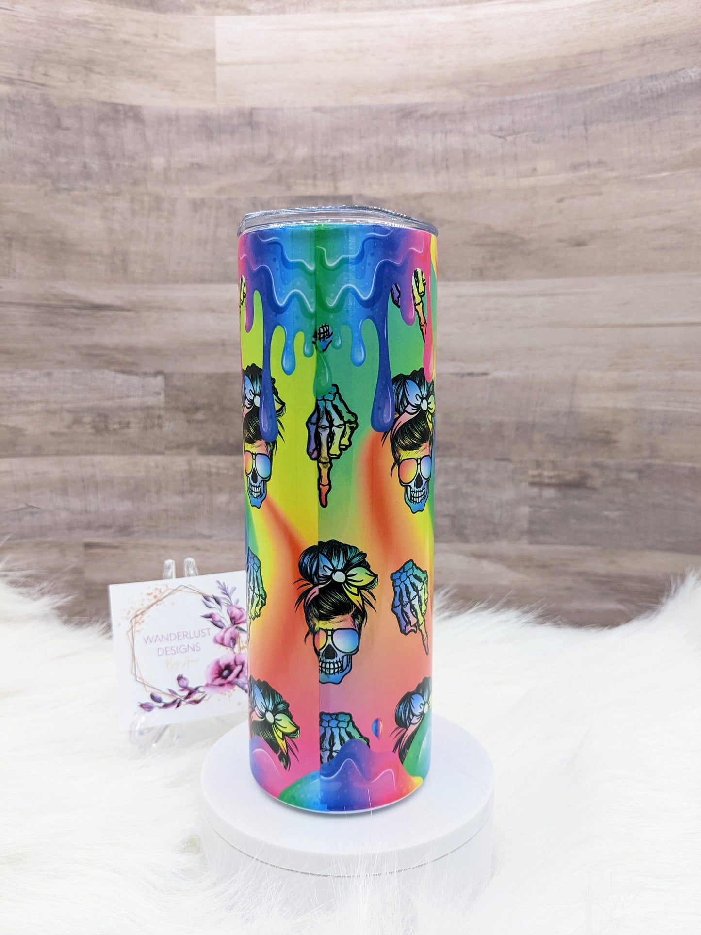 Straight Outta Fucks to Give No Fucks Skull Middle Finger Neon 20 Oz Sublimated Skinny Tumbler - Insulated Stainless