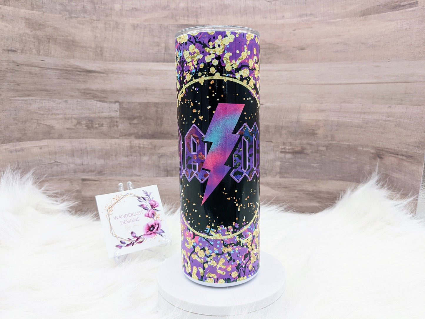 Rocker Mama Mom Purple Lightning Bolt Gold Flake 20 Oz Sublimated Skinny Tumbler - Insulated Stainless