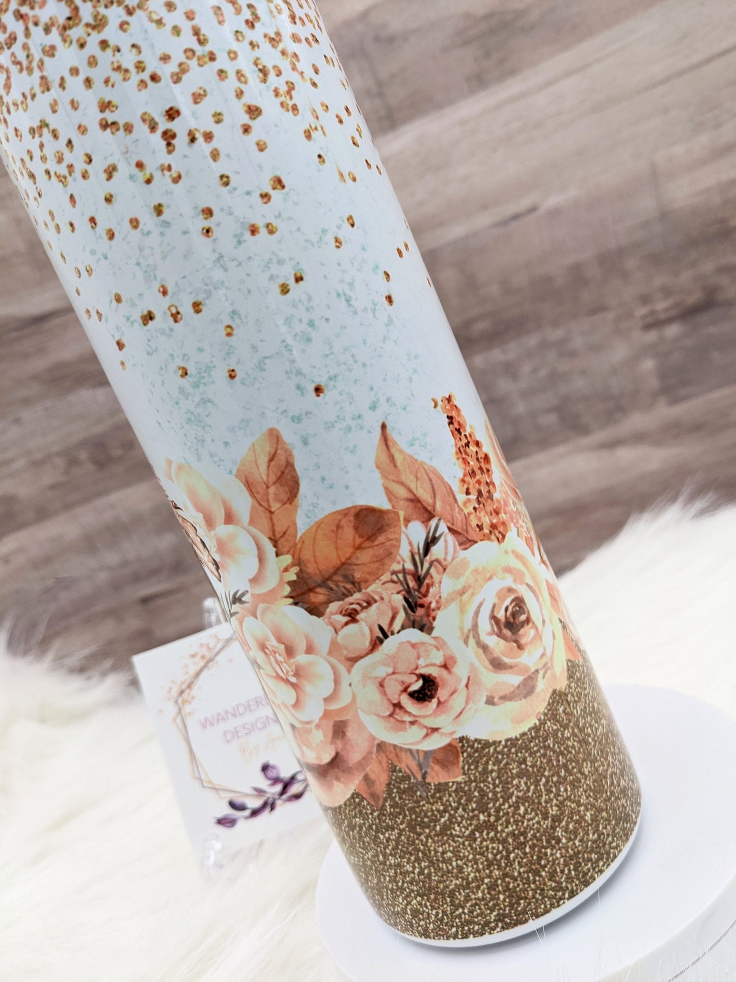 Boho Floral Gnome with Glitter Accents Peach Copper 20 Oz Sublimated Skinny Tumbler - Insulated Stainless