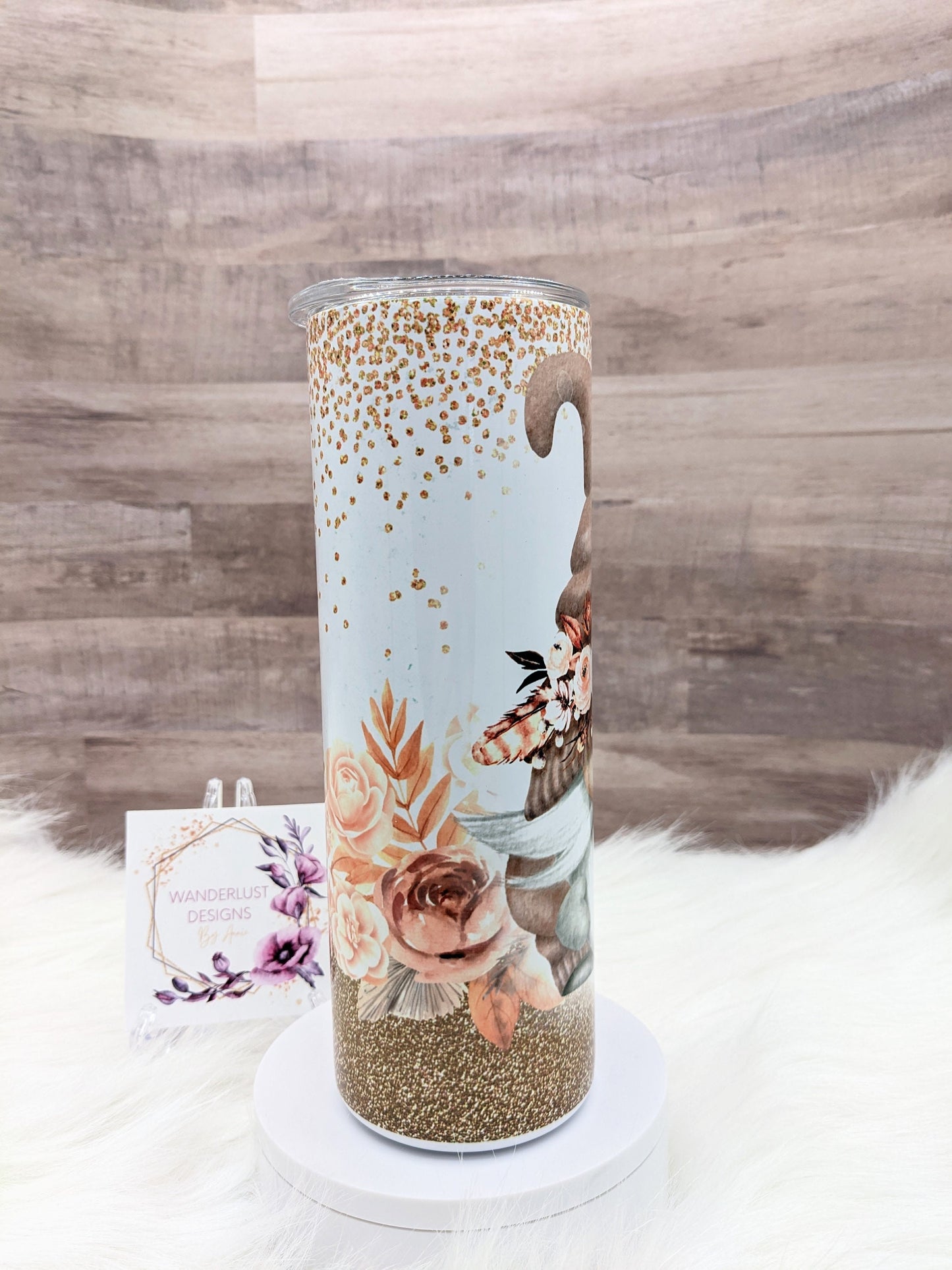 Boho Floral Gnome with Glitter Accents Peach Copper 20 Oz Sublimated Skinny Tumbler - Insulated Stainless