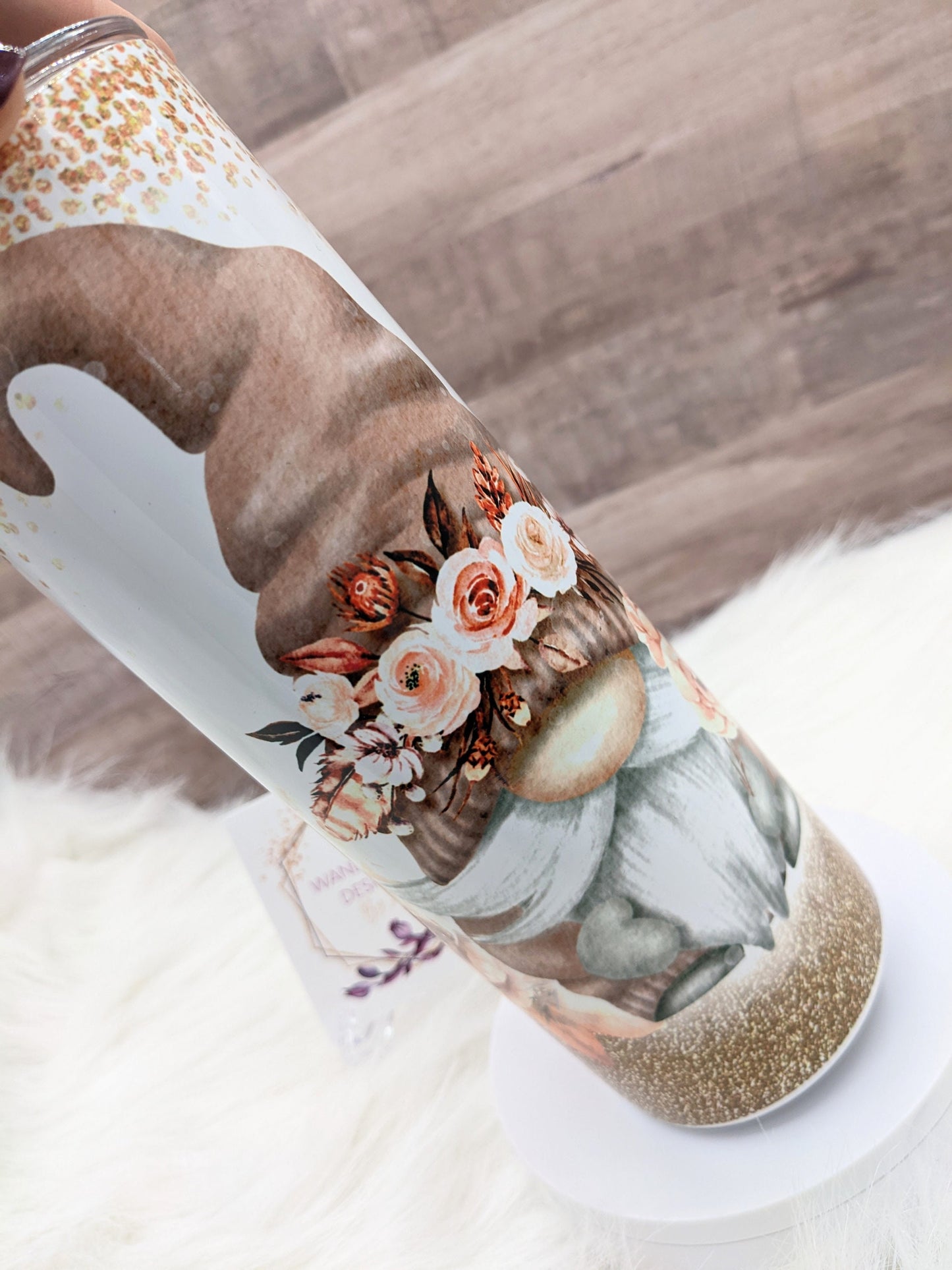 Boho Floral Gnome with Glitter Accents Peach Copper 20 Oz Sublimated Skinny Tumbler - Insulated Stainless