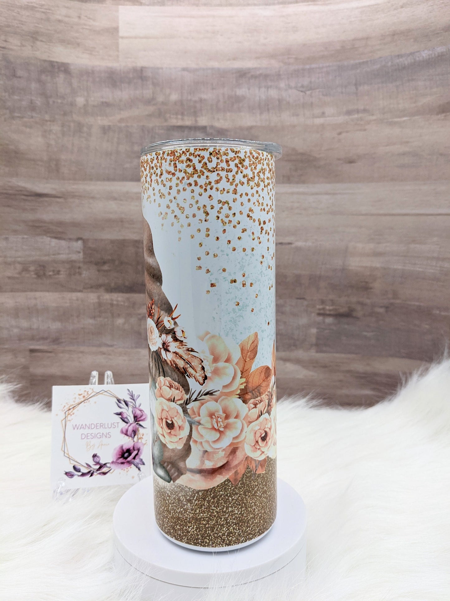 Boho Floral Gnome with Glitter Accents Peach Copper 20 Oz Sublimated Skinny Tumbler - Insulated Stainless