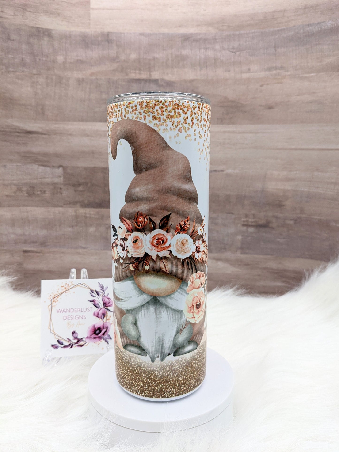 Boho Floral Gnome with Glitter Accents Peach Copper 20 Oz Sublimated Skinny Tumbler - Insulated Stainless