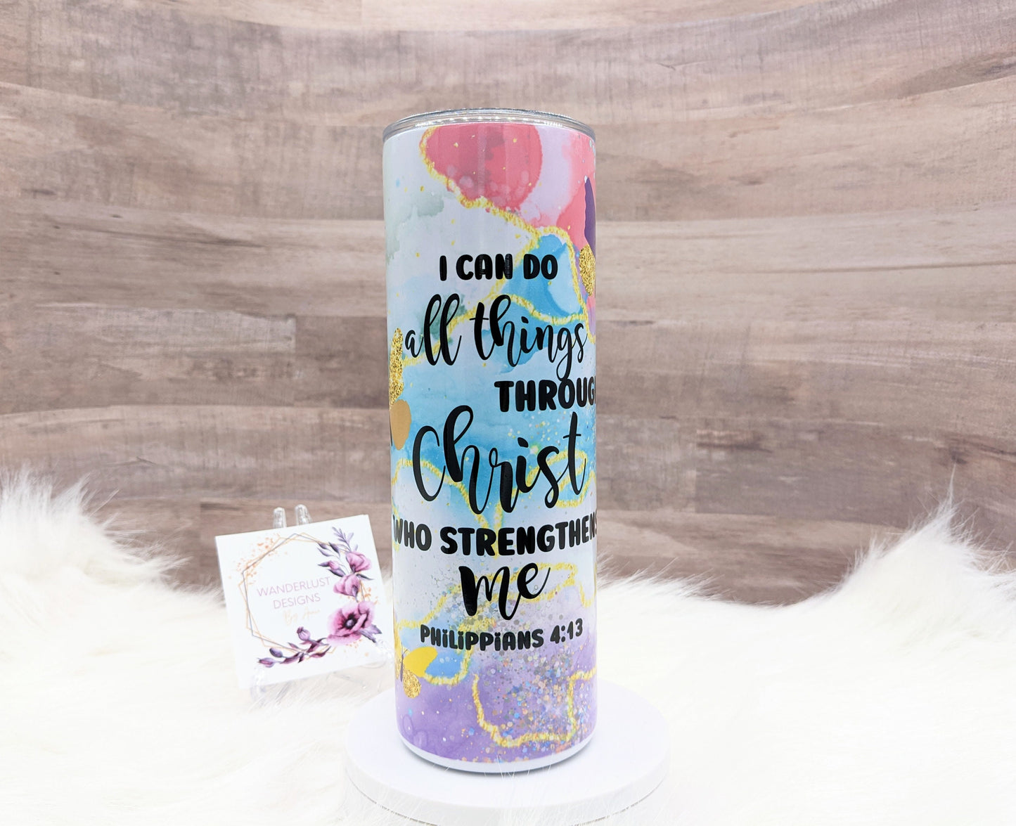 Agate Butterfly Inspirational Philippians 4:13 Bible Faith Religious 20 Oz Sublimated Skinny Tumbler - Insulated Stainless