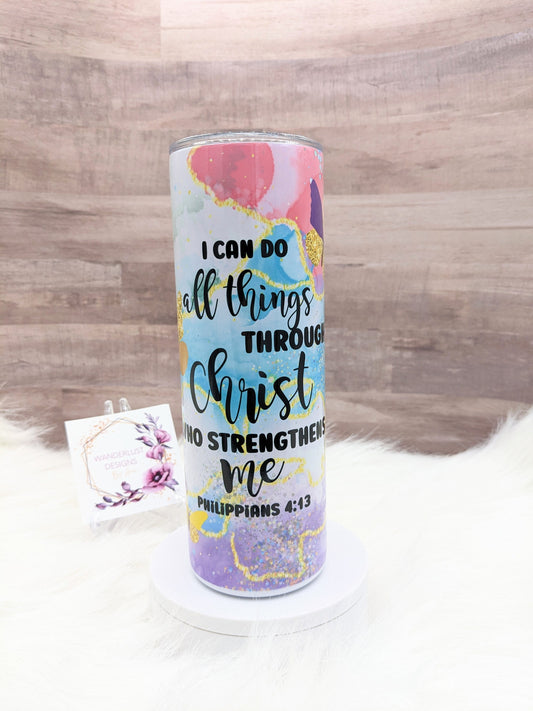 Agate Butterfly Inspirational Philippians 4:13 Bible Faith Religious 20 Oz Sublimated Skinny Tumbler - Insulated Stainless