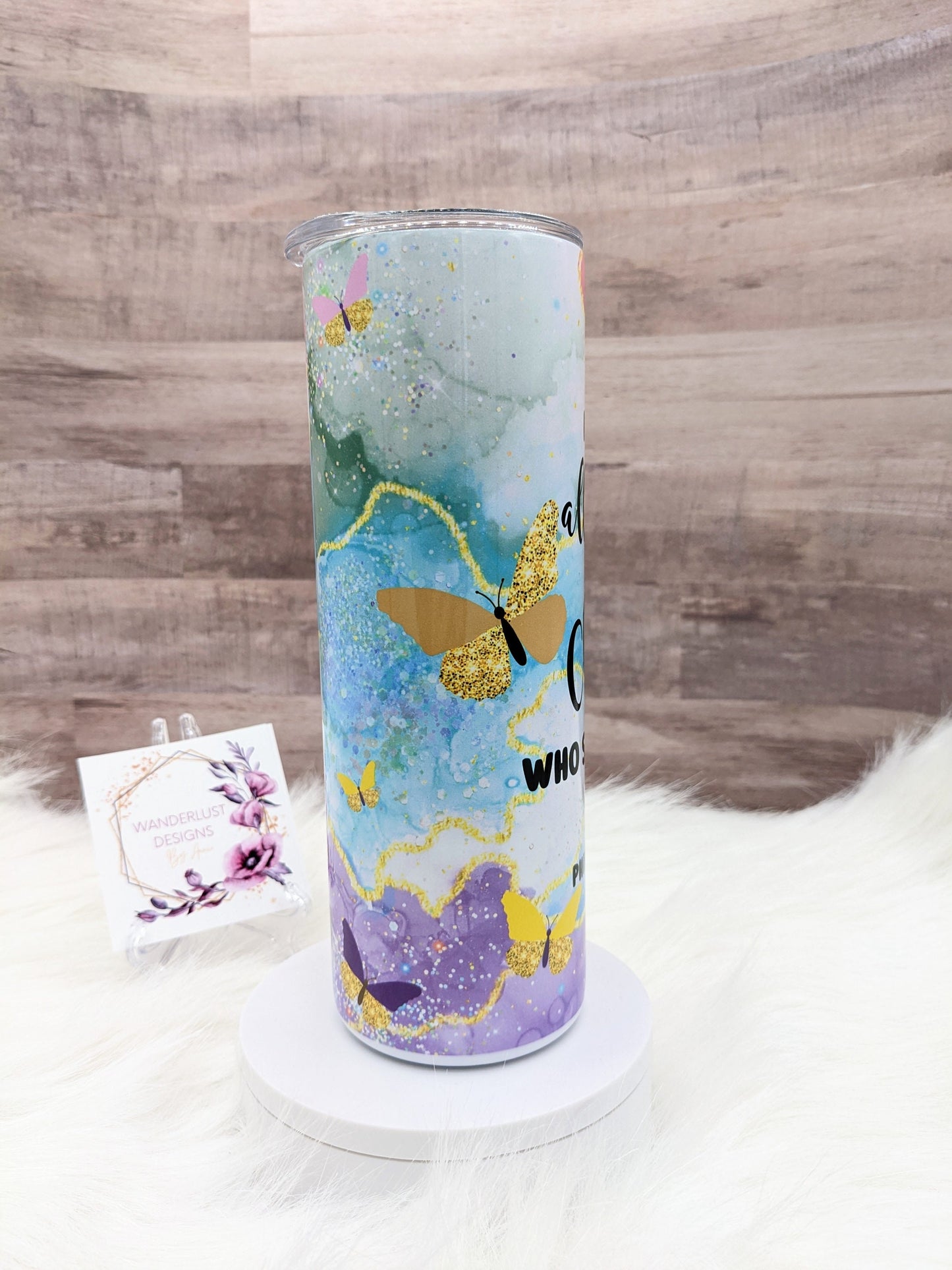 Agate Butterfly Inspirational Philippians 4:13 Bible Faith Religious 20 Oz Sublimated Skinny Tumbler - Insulated Stainless