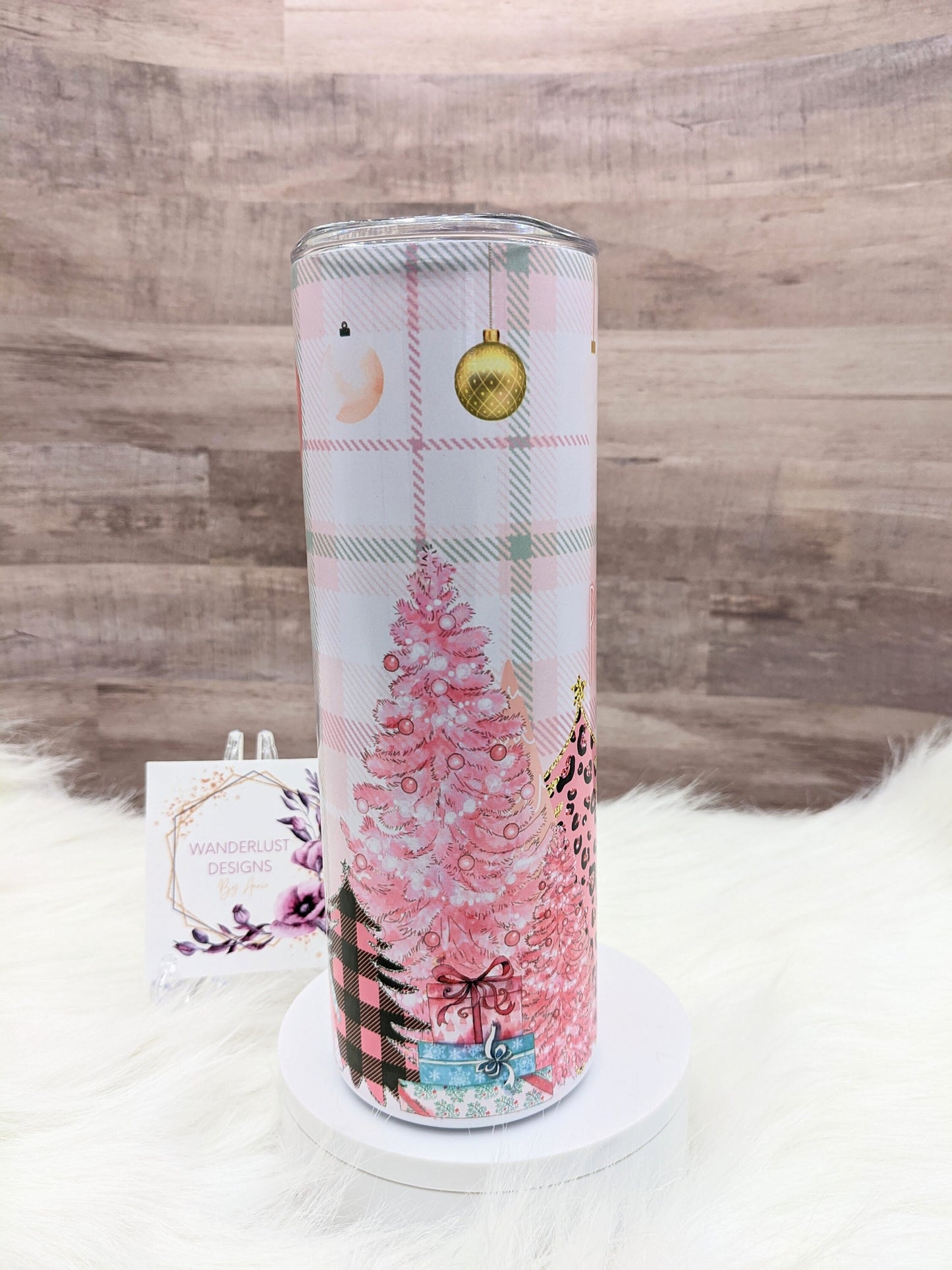 Dreaming of a Pink Christmas Gnome Plaid Leopard and Glitter Accents 20 Oz Sublimated Skinny Tumbler - Insulated Stainless