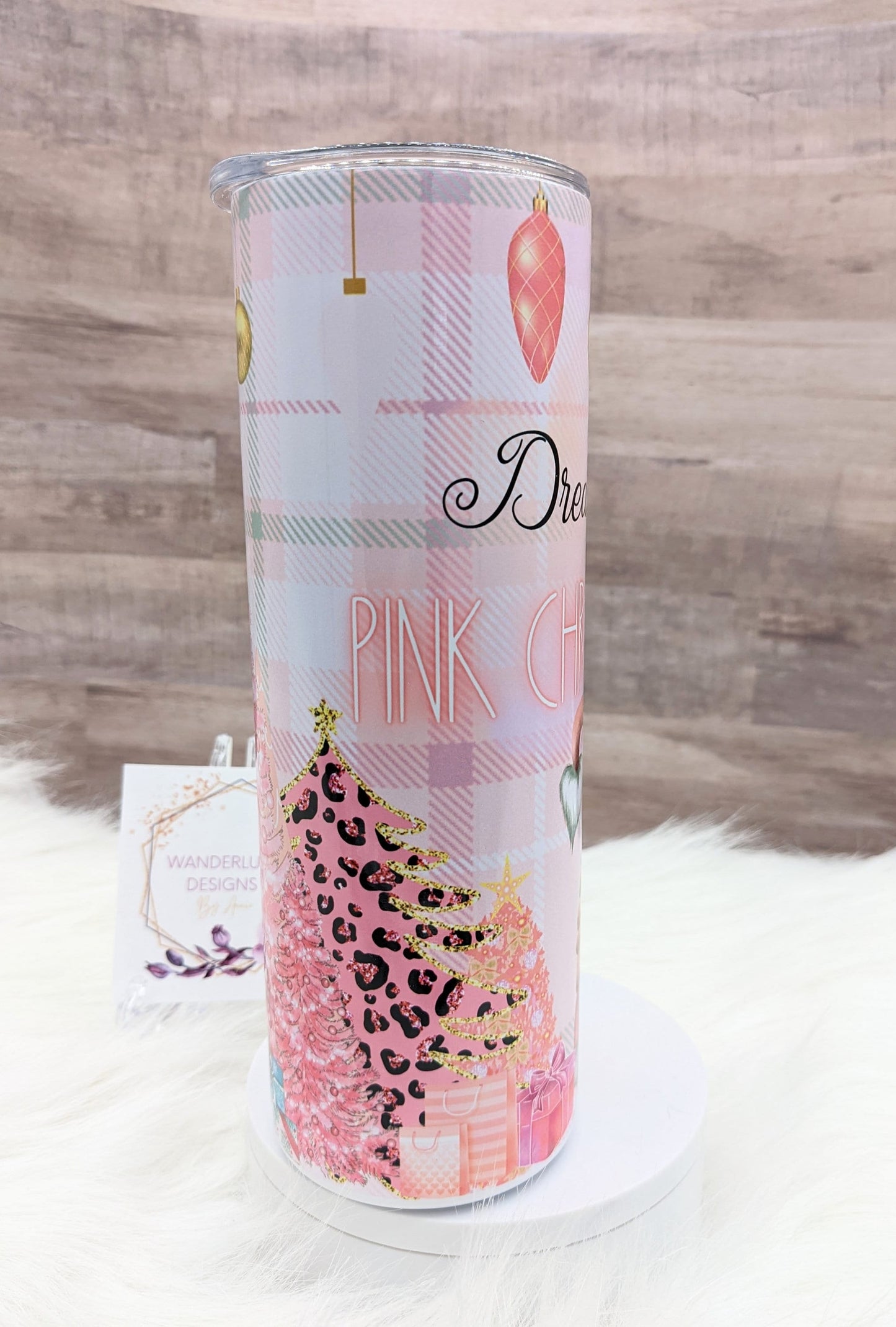 Dreaming of a Pink Christmas Gnome Plaid Leopard and Glitter Accents 20 Oz Sublimated Skinny Tumbler - Insulated Stainless