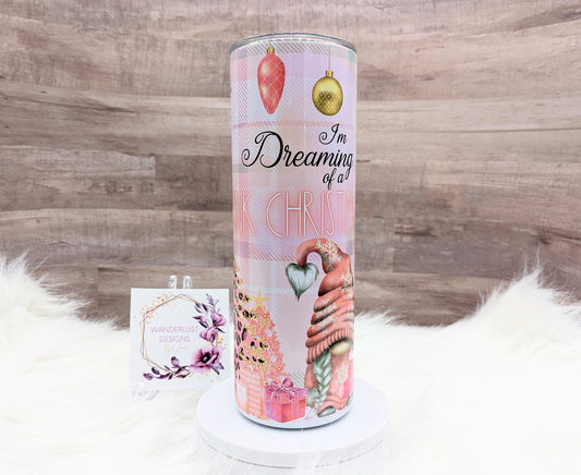 Dreaming of a Pink Christmas Gnome Plaid Leopard and Glitter Accents 20 Oz Sublimated Skinny Tumbler - Insulated Stainless