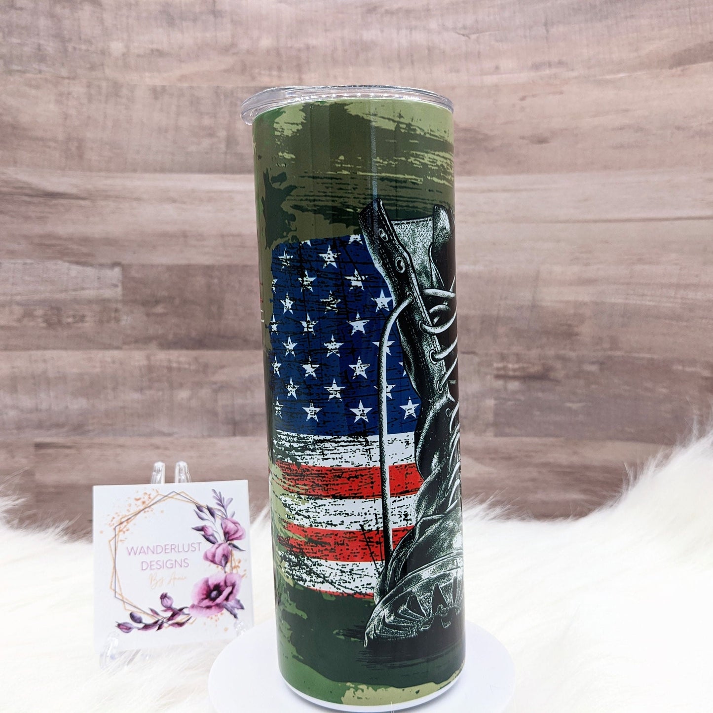 Military Combat Boots Dog Tags Flag USA Patriotic Veteran 20 Oz Sublimated Skinny Tumbler - Insulated Stainless