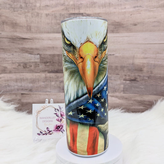 Eagle with American Flag Patriotic Stars and Stripes  20 Oz Sublimated Skinny Tumbler - Insulated Stainless