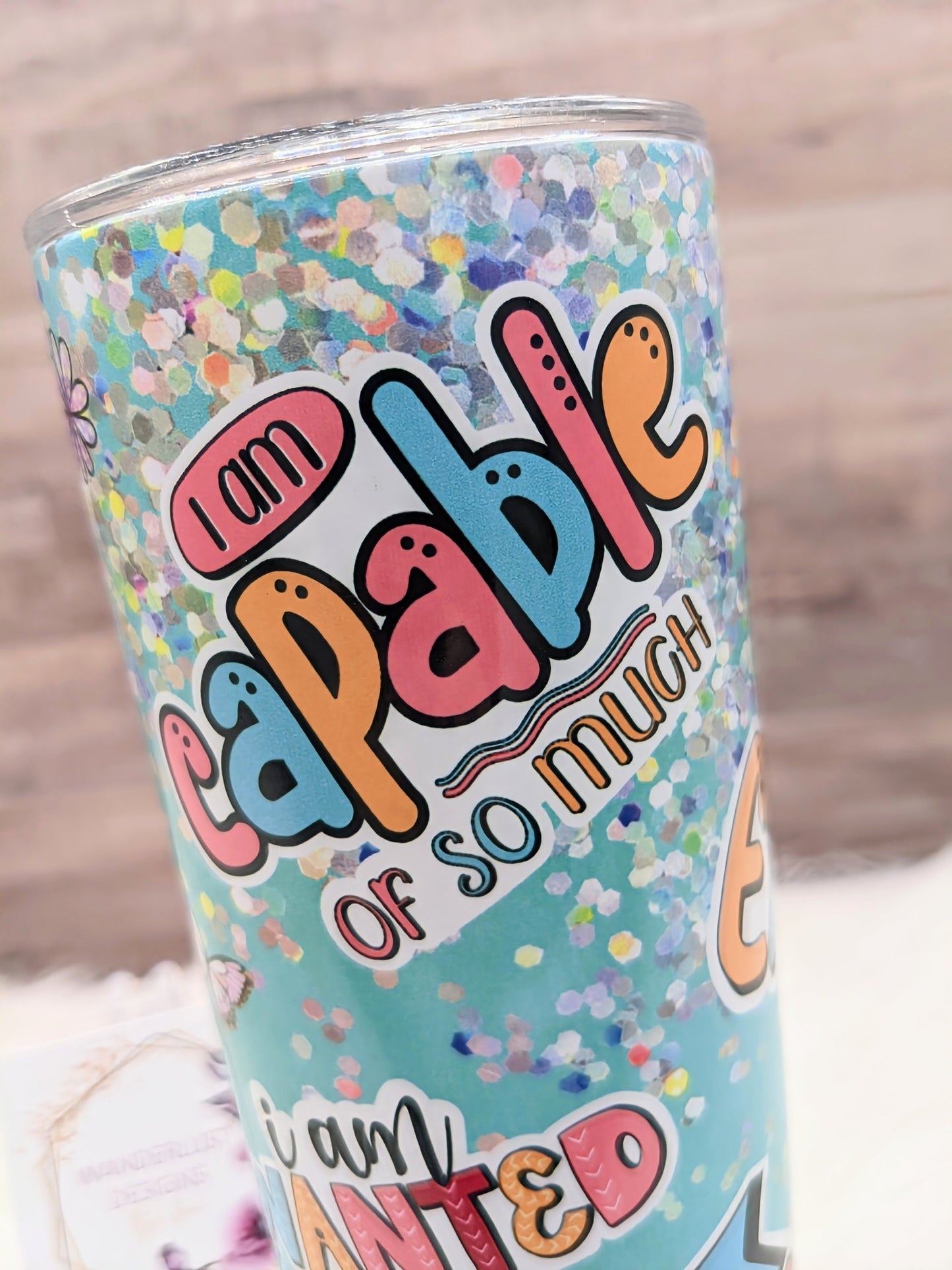 Affirmation Themed I am Enough I am Loved I am Capable Glitter Teal and Pink 20 Oz Sublimated Skinny Tumbler - Insulated Stainless