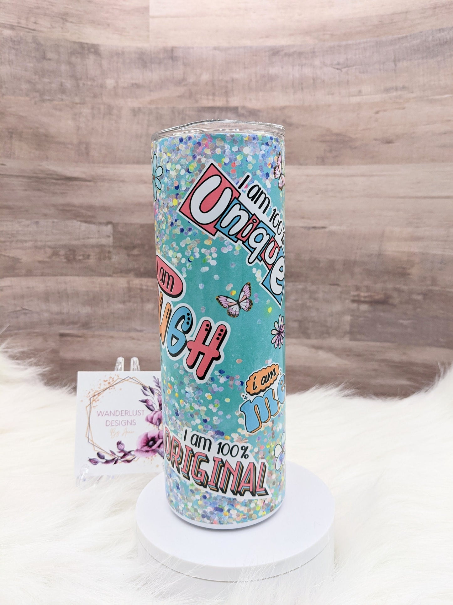 Affirmation Themed I am Enough I am Loved I am Capable Glitter Teal and Pink 20 Oz Sublimated Skinny Tumbler - Insulated Stainless