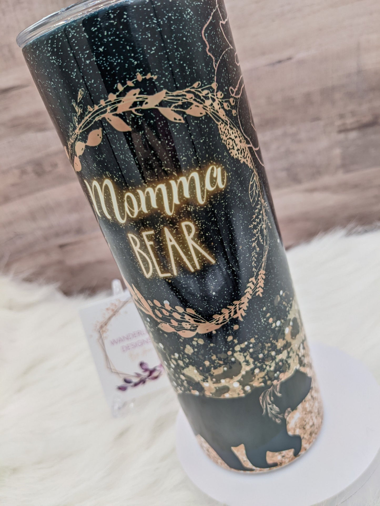 Momma Bear Black with Rose Gold Flowers and Gold Glitter Leopard Print  Accents 20 Oz Sublimated Skinny Tumbler - Insulated Stainless