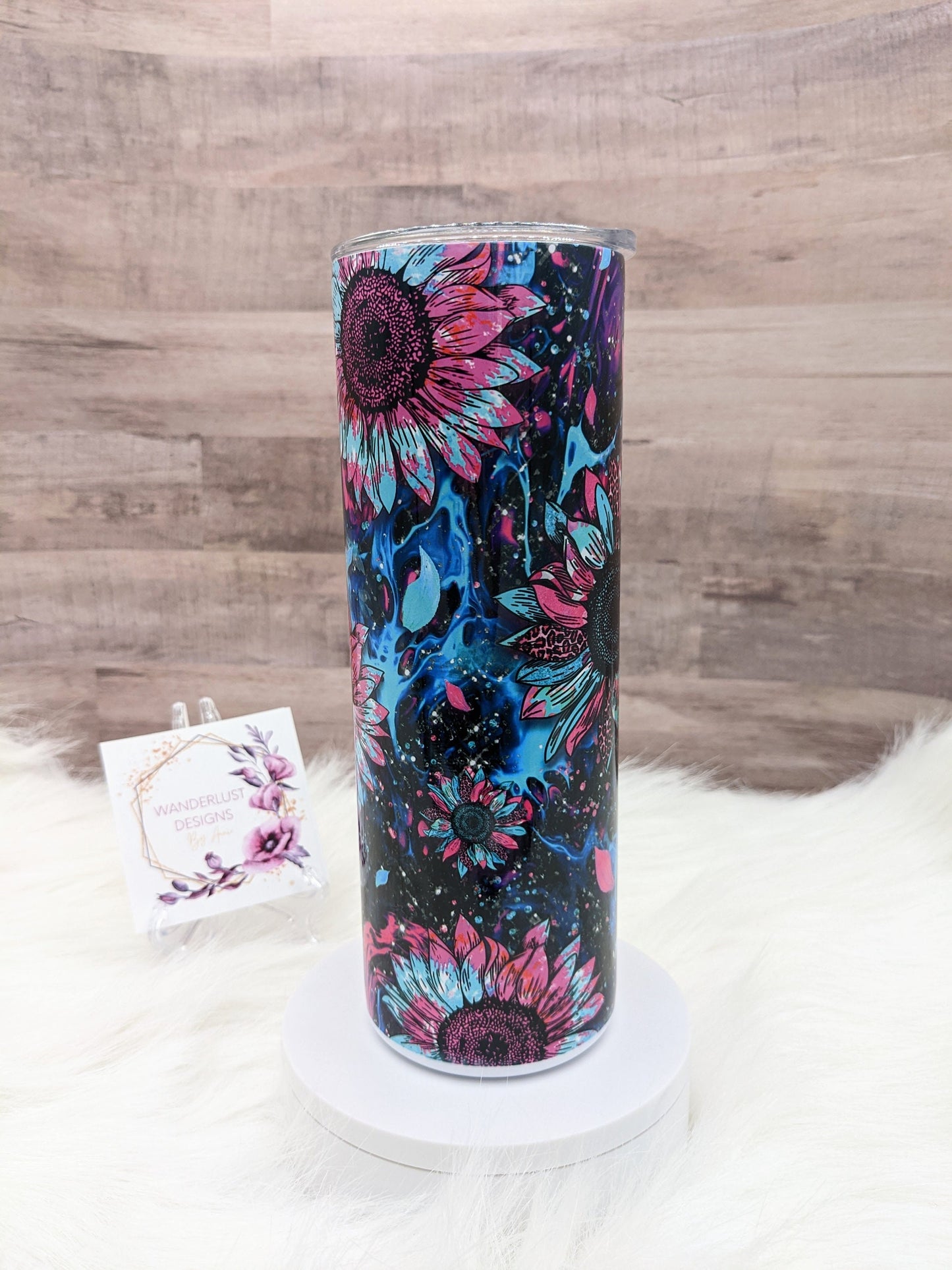 Pink, Aqua and Blue Sunflower 20 Oz Sublimated Skinny Tumbler - Insulated Stainless