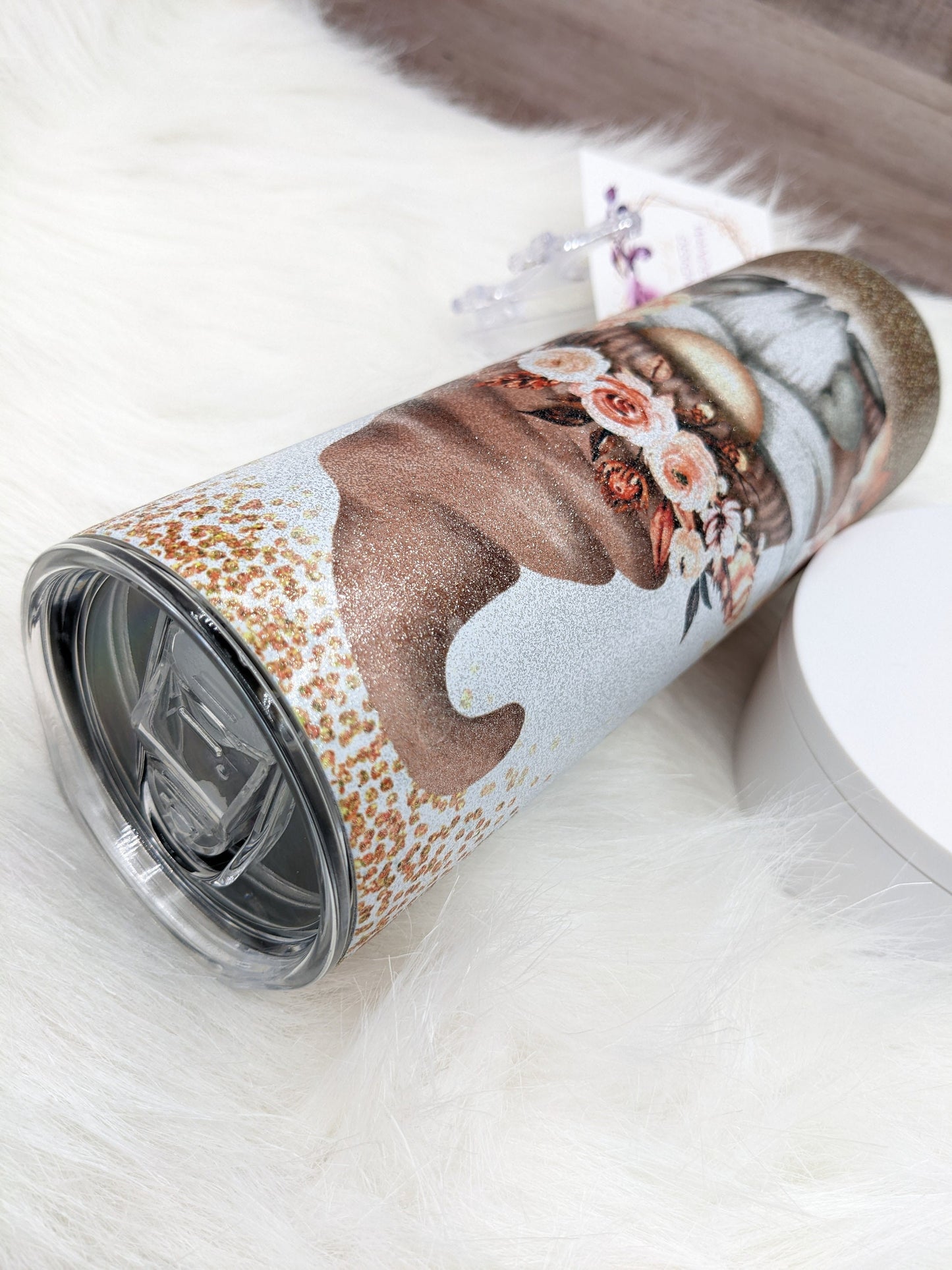 Glitter Boho Floral Gnome with Glitter Accents Peach Copper 20 Oz Sublimated Skinny Tumbler - Insulated Stainless