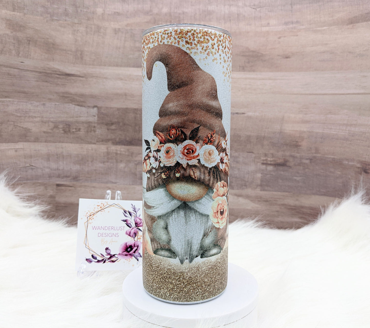 Glitter Boho Floral Gnome with Glitter Accents Peach Copper 20 Oz Sublimated Skinny Tumbler - Insulated Stainless