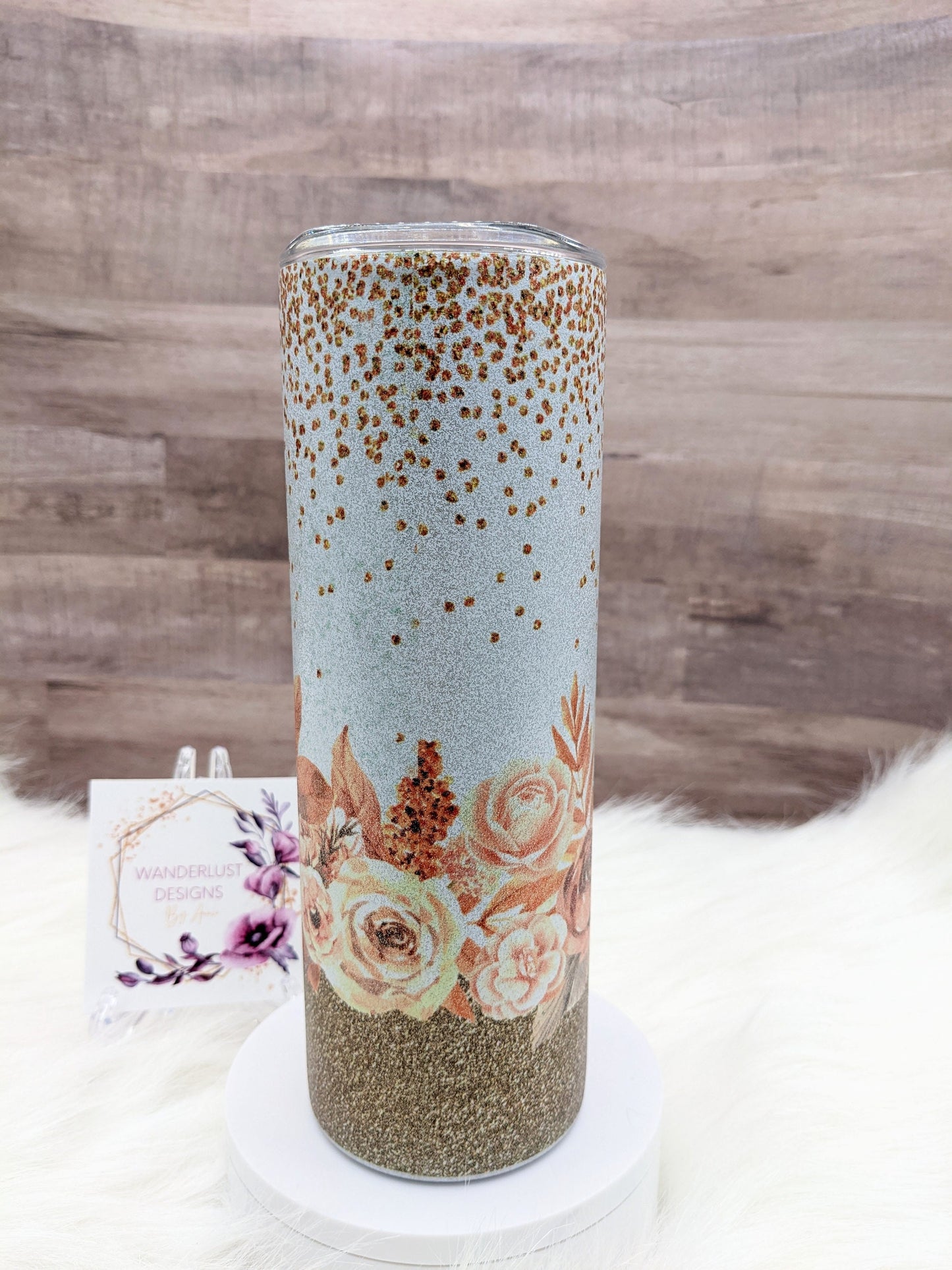 Glitter Boho Floral Gnome with Glitter Accents Peach Copper 20 Oz Sublimated Skinny Tumbler - Insulated Stainless