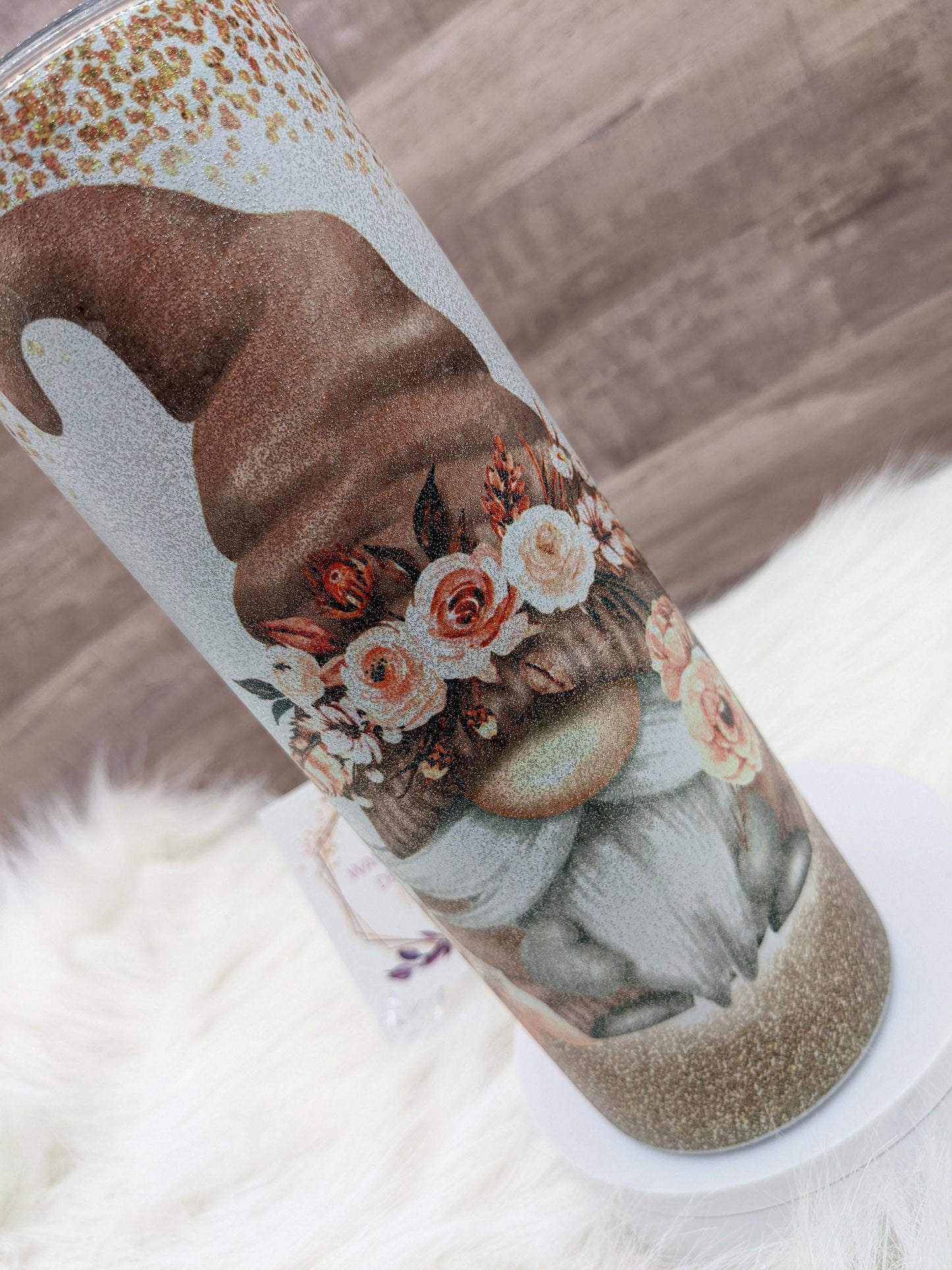 Glitter Boho Floral Gnome with Glitter Accents Peach Copper 20 Oz Sublimated Skinny Tumbler - Insulated Stainless