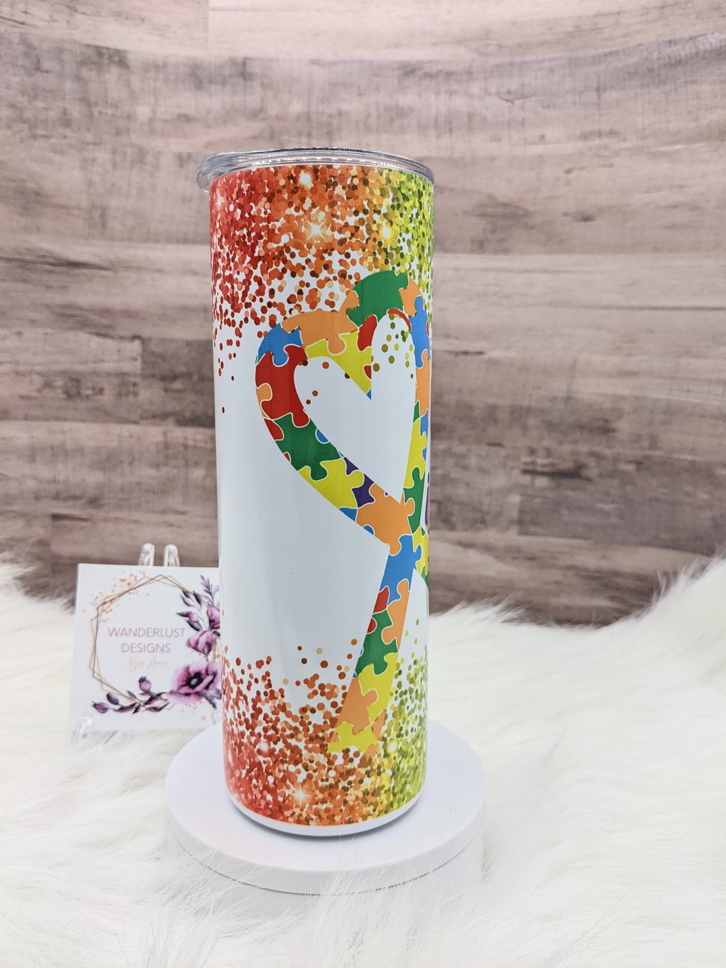 Autism Awareness Glitter Puzzle Ribbon Different is Beautiful 20 Oz Sublimated Skinny Tumbler - Insulated Stainless