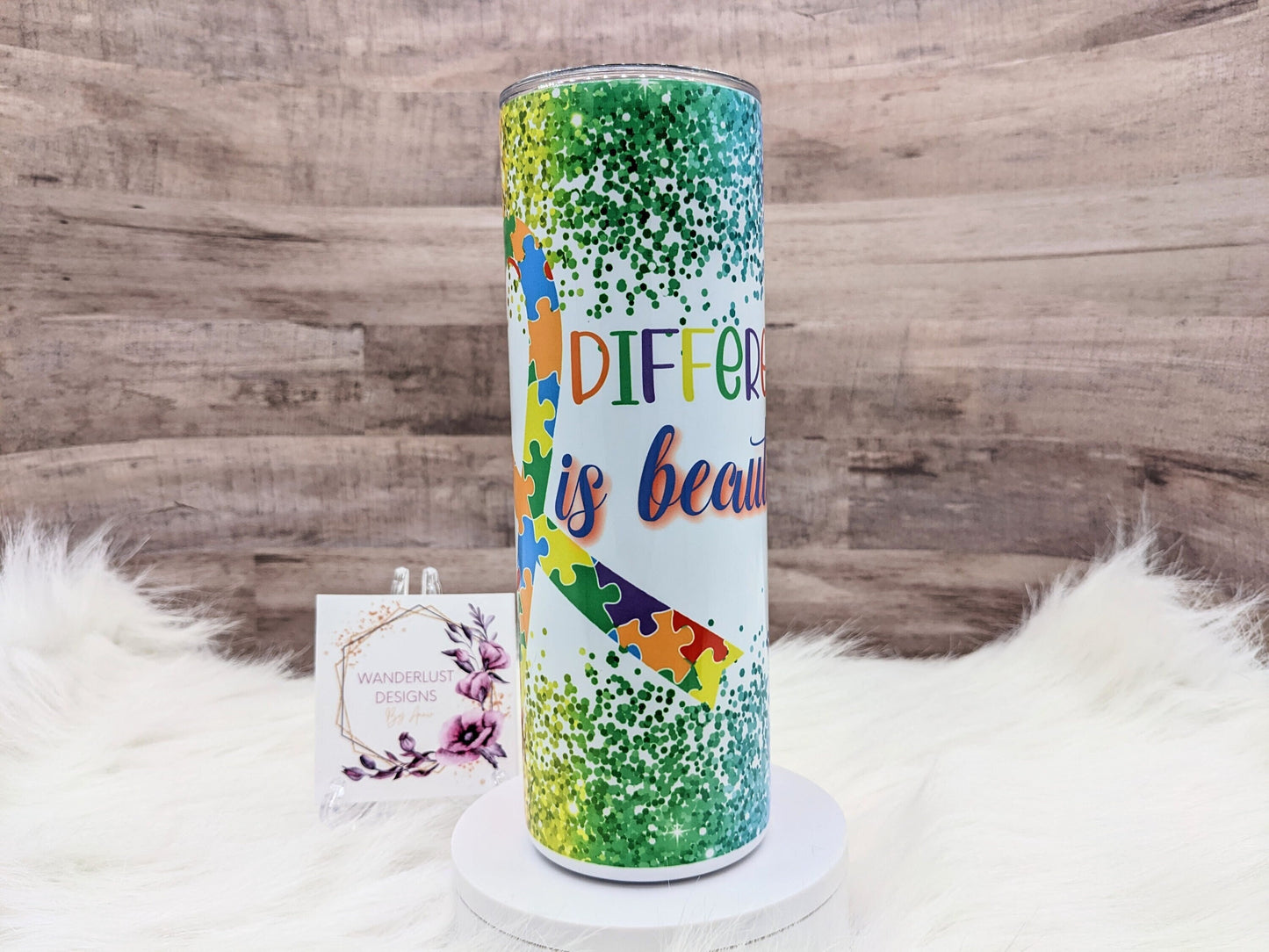 Autism Awareness Glitter Puzzle Ribbon Different is Beautiful 20 Oz Sublimated Skinny Tumbler - Insulated Stainless