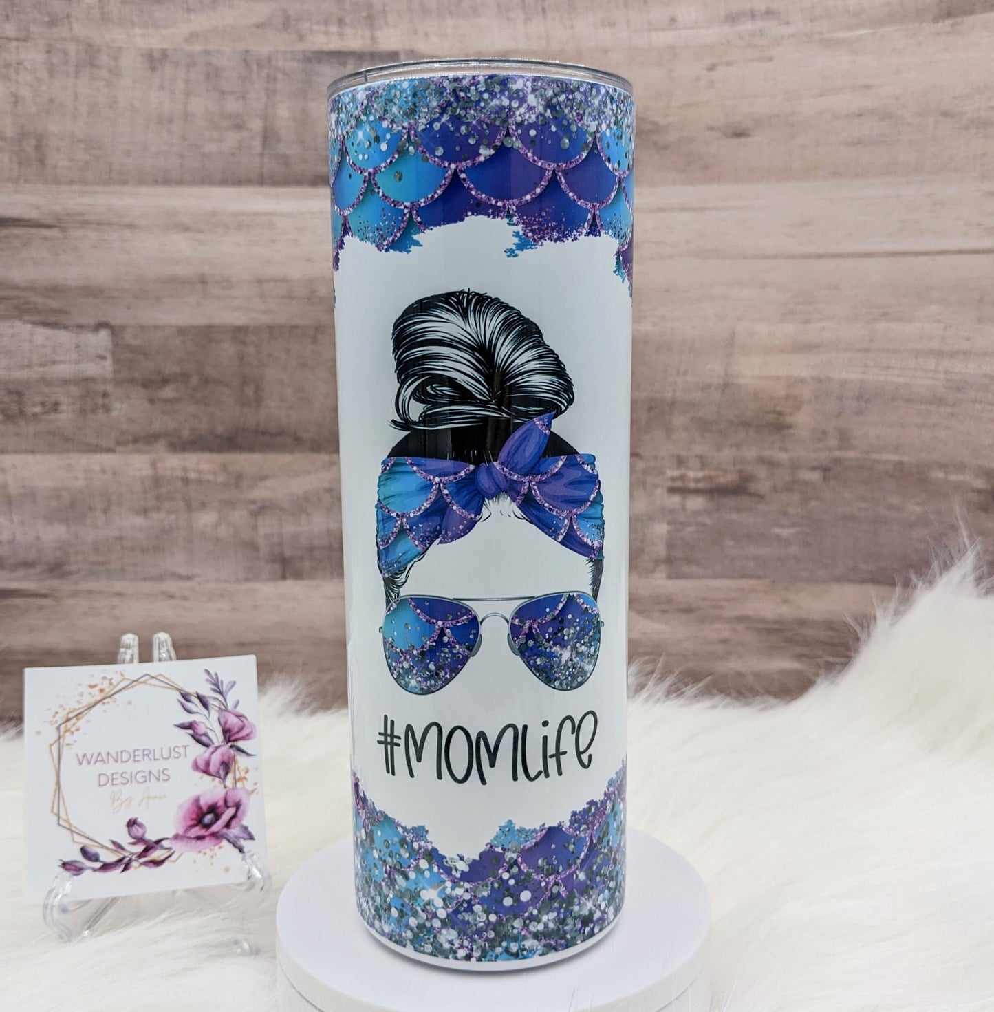 Mom Life Blue and Purple Glitter Accented 20 Oz Sublimated Skinny Tumbler - Insulated Stainless