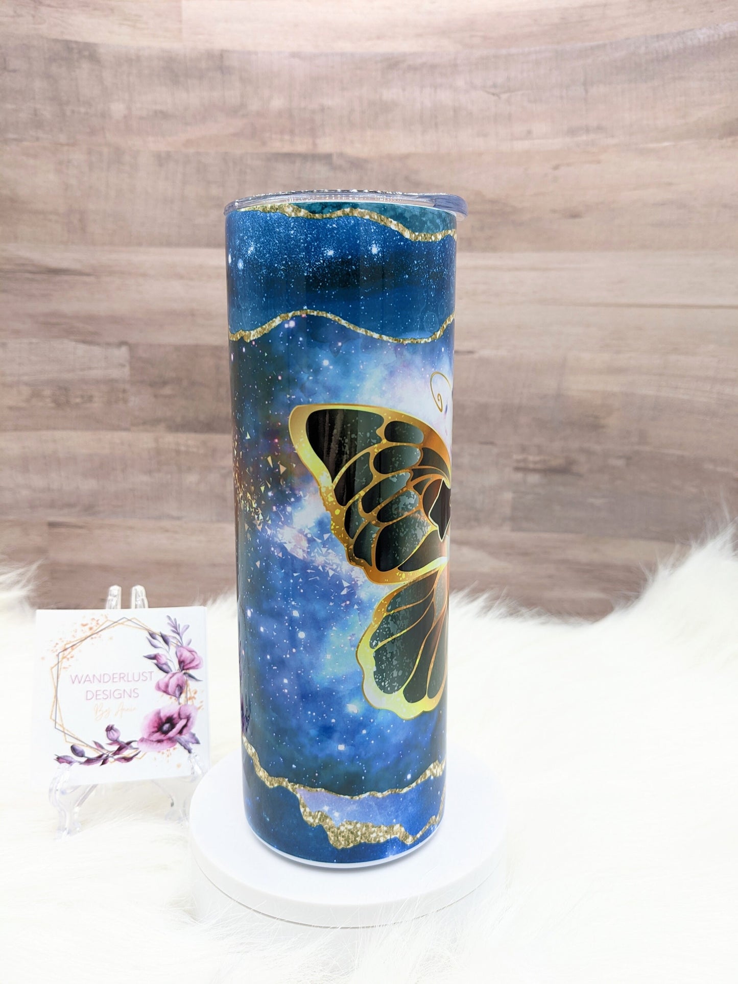 Agate Butterfly Inspirational Faith Cross Blue & Gold 20 Oz Sublimated Skinny Tumbler - Insulated Stainless