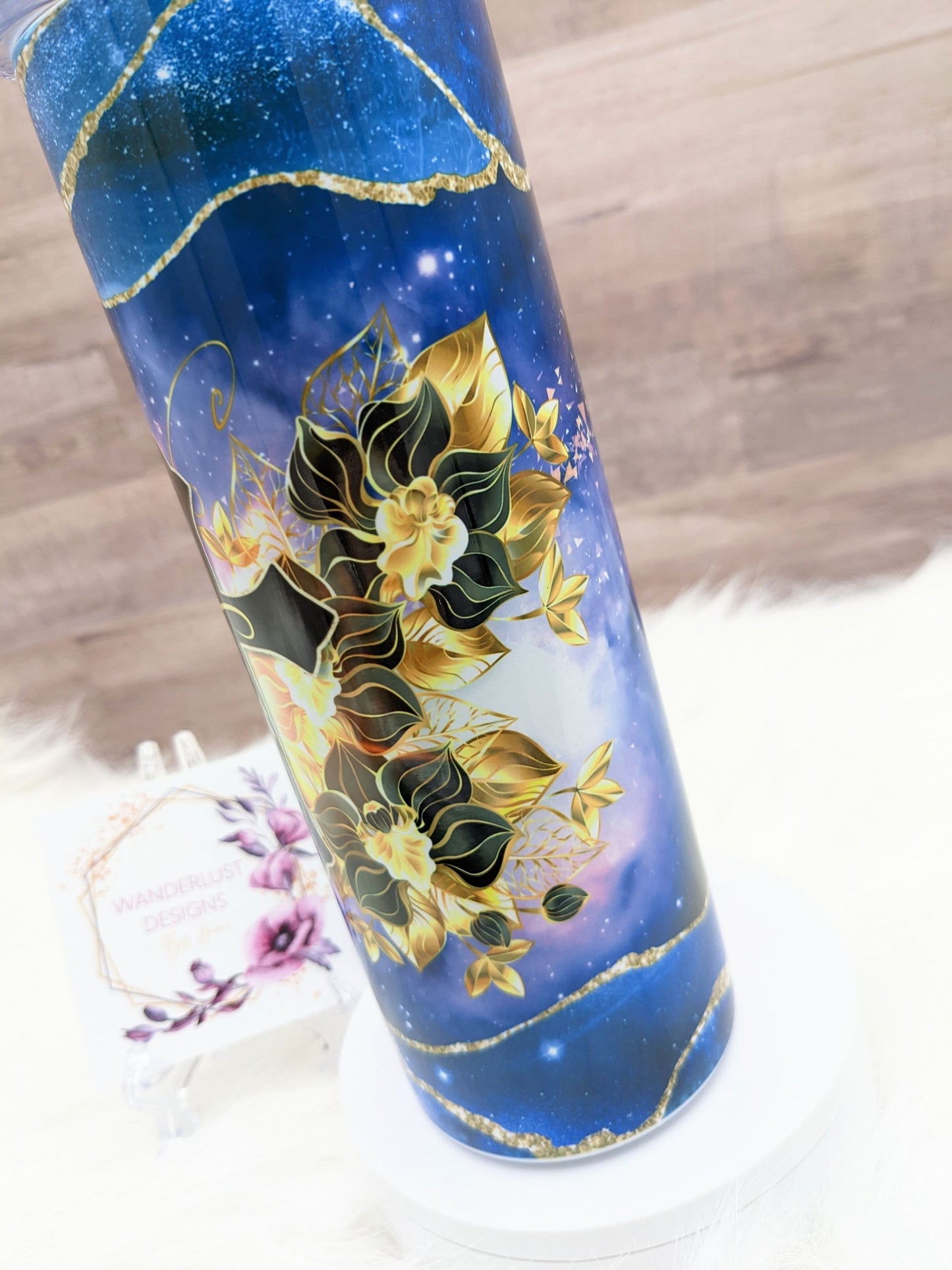 Agate Butterfly Inspirational Faith Cross Blue & Gold 20 Oz Sublimated Skinny Tumbler - Insulated Stainless