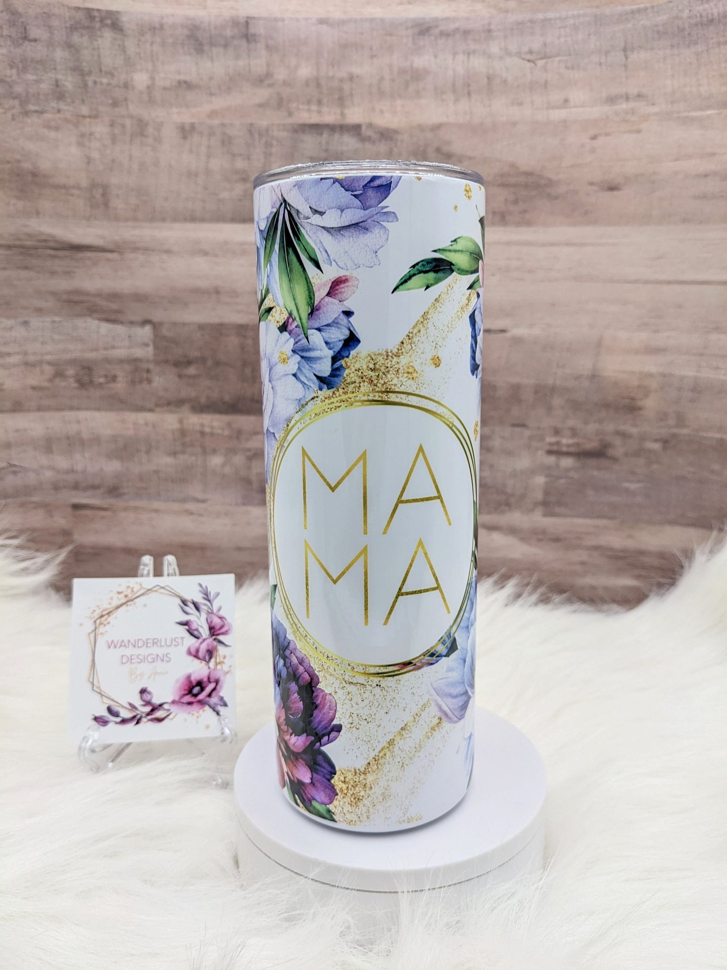 Mama Purple, Blue and Plum Floral Tumbler 20 Oz Sublimated Skinny Tumbler - Insulated Stainless