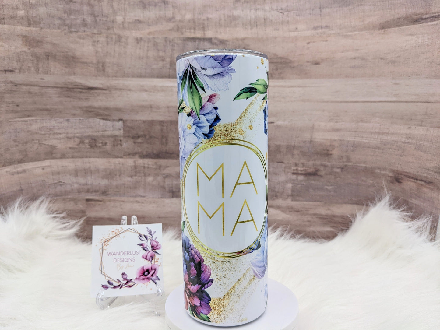 Mama Purple, Blue and Plum Floral Tumbler 20 Oz Sublimated Skinny Tumbler - Insulated Stainless