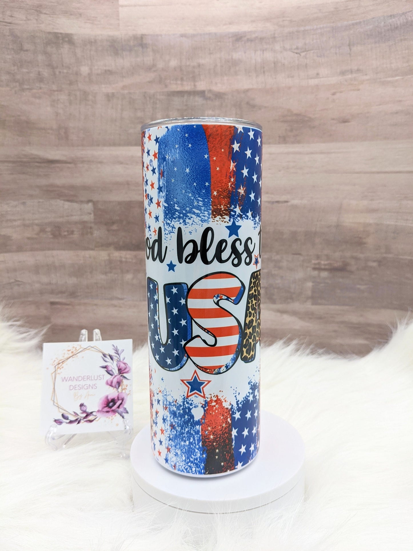 God Bless the USA Leopard Accented Stars and Stripes  20 Oz Sublimated Skinny Tumbler - Insulated Stainless