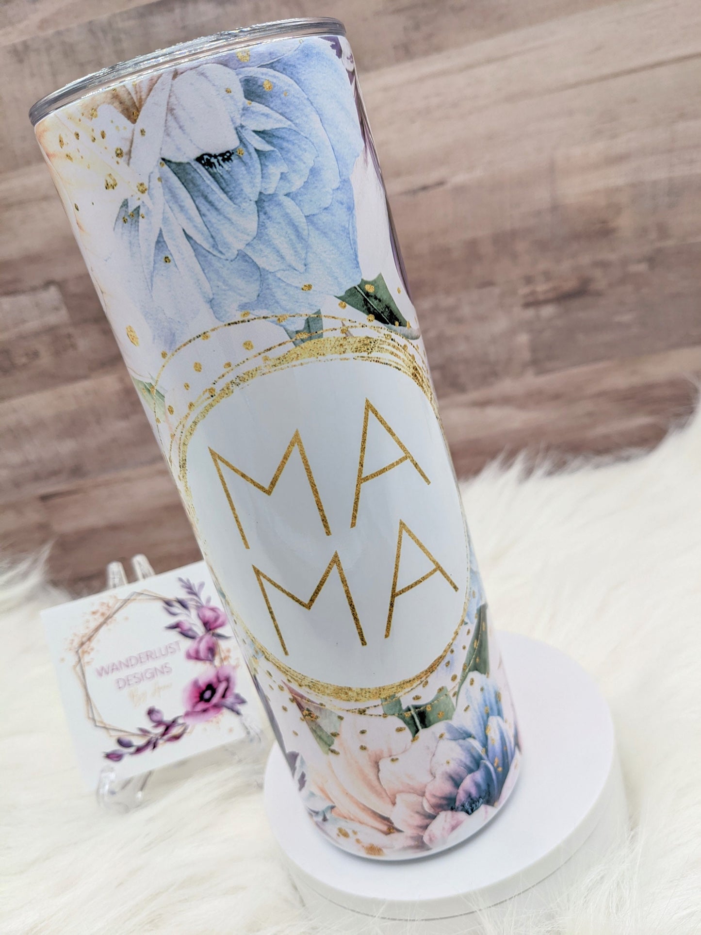 Mama Blue, Pink and Purple Watercolor Floral Tumbler 20 Oz Sublimated Skinny Tumbler - Insulated Stainless