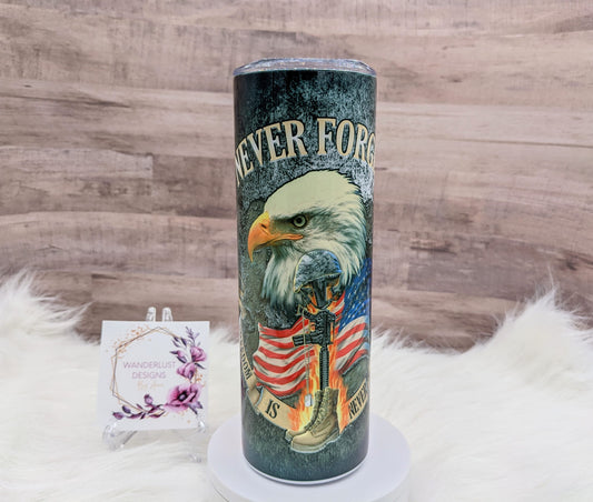 Veteran Never Forget Combat Helmet Eagle USA Flag Patriotic Veteran 20 Oz Sublimated Skinny Tumbler - Insulated Stainless