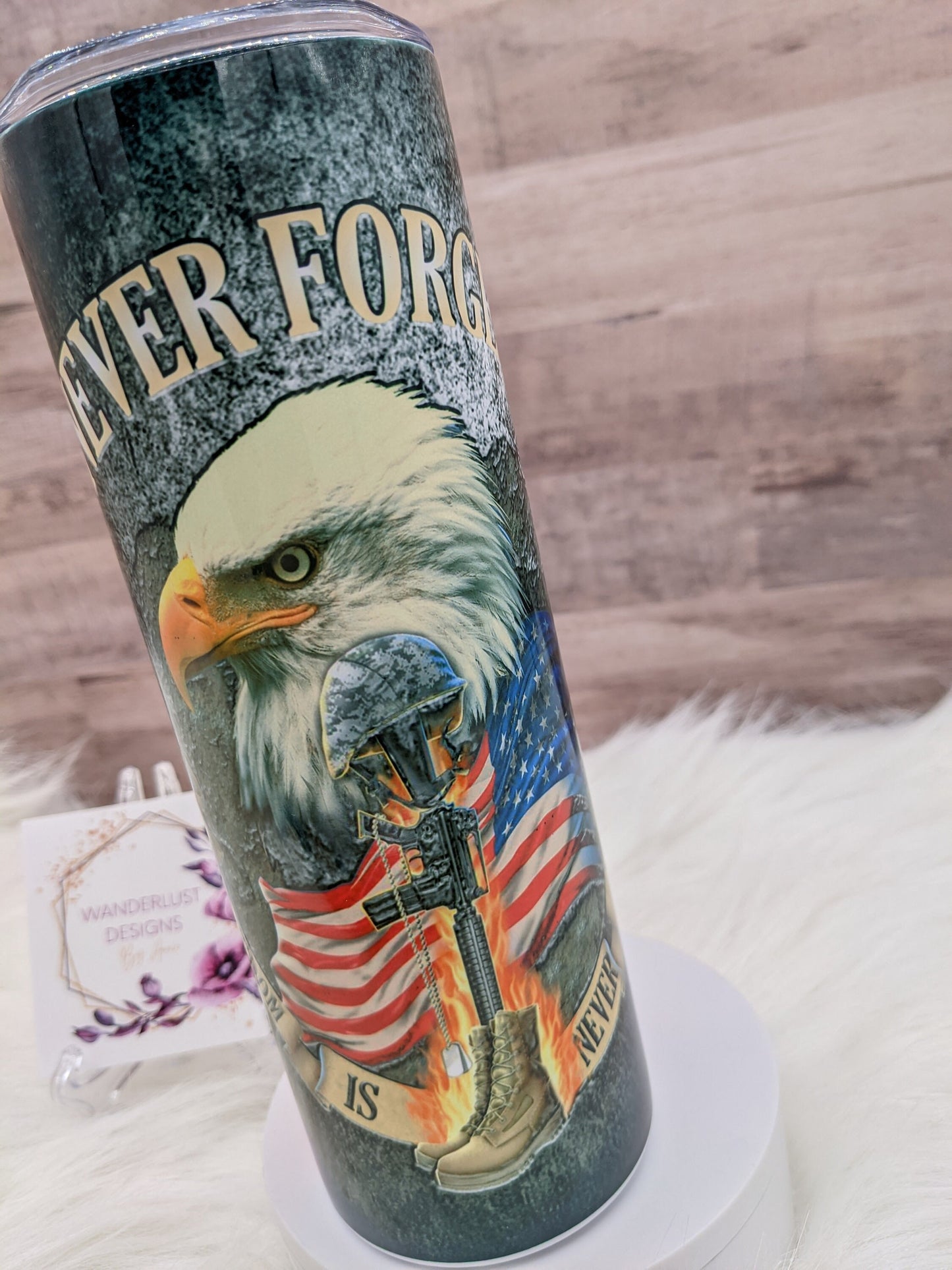 Veteran Never Forget Combat Helmet Eagle USA Flag Patriotic Veteran 20 Oz Sublimated Skinny Tumbler - Insulated Stainless