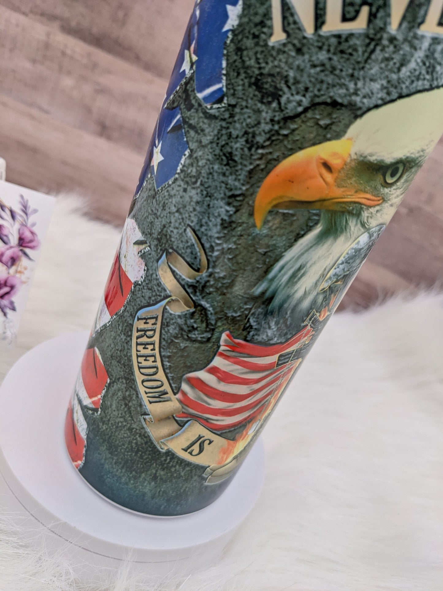 Veteran Never Forget Combat Helmet Eagle USA Flag Patriotic Veteran 20 Oz Sublimated Skinny Tumbler - Insulated Stainless