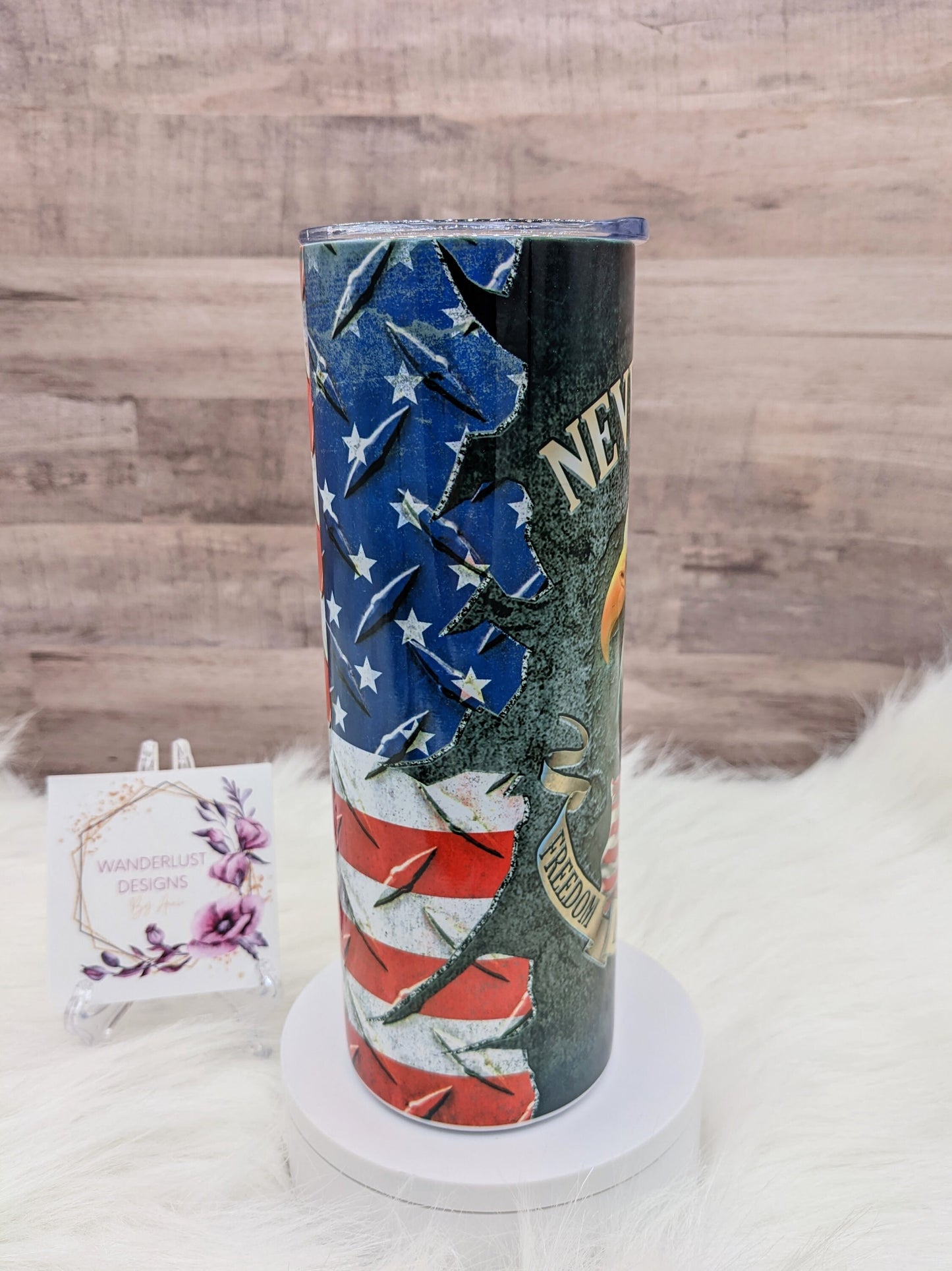 Veteran Never Forget Combat Helmet Eagle USA Flag Patriotic Veteran 20 Oz Sublimated Skinny Tumbler - Insulated Stainless