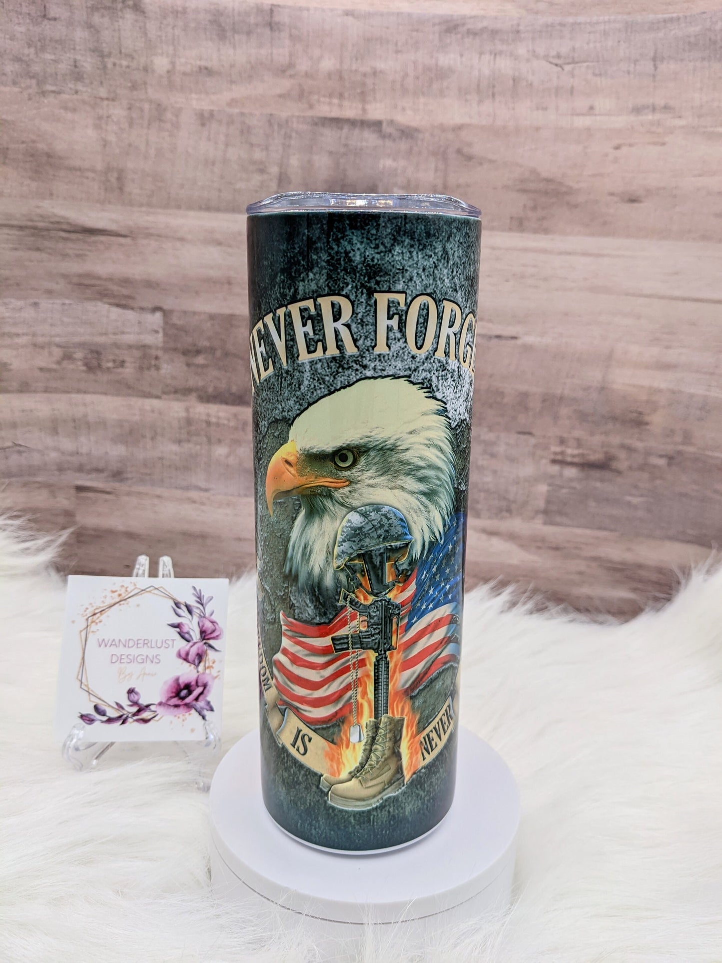 Veteran Never Forget Combat Helmet Eagle USA Flag Patriotic Veteran 20 Oz Sublimated Skinny Tumbler - Insulated Stainless