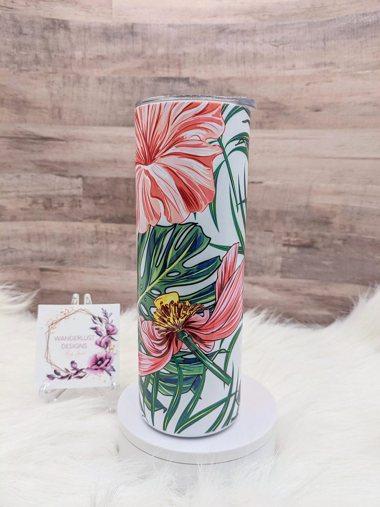 Pink Hibiscus Monstera Tropical 20 Oz Sublimated Skinny Tumbler - Insulated Stainless