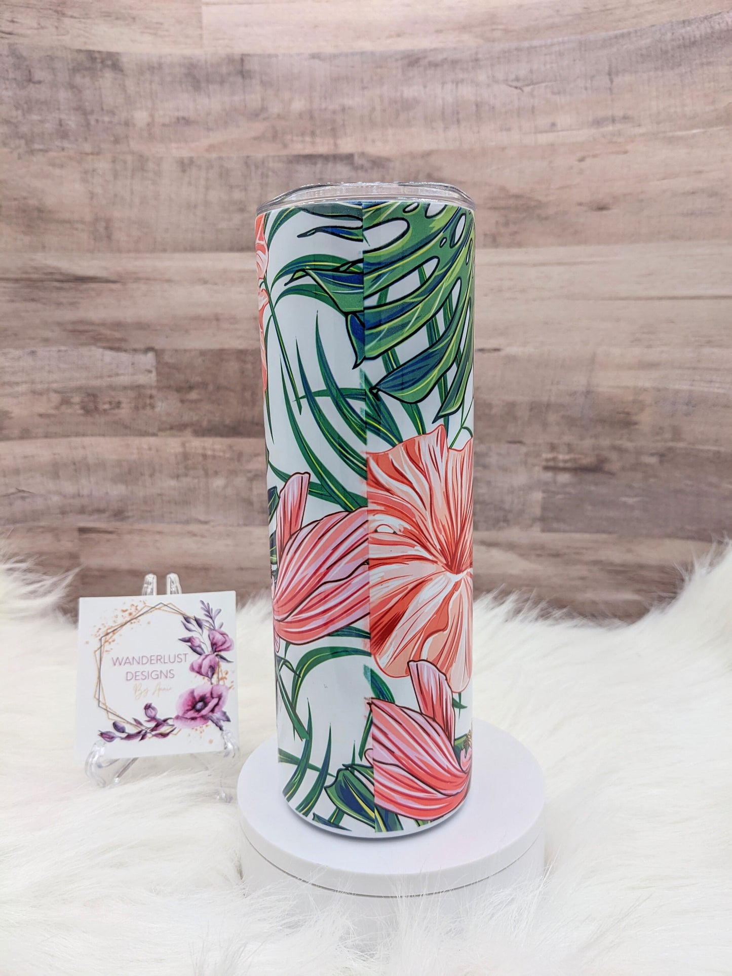 Pink Hibiscus Monstera Tropical 20 Oz Sublimated Skinny Tumbler - Insulated Stainless