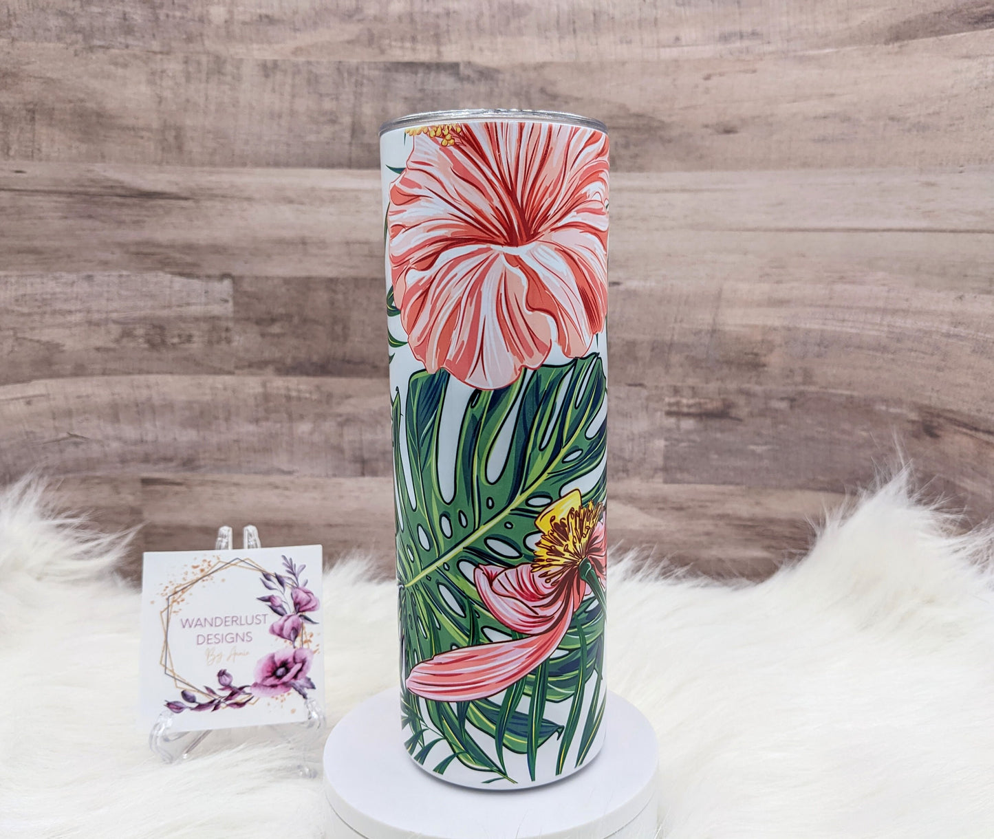 Pink Hibiscus Monstera Tropical 20 Oz Sublimated Skinny Tumbler - Insulated Stainless