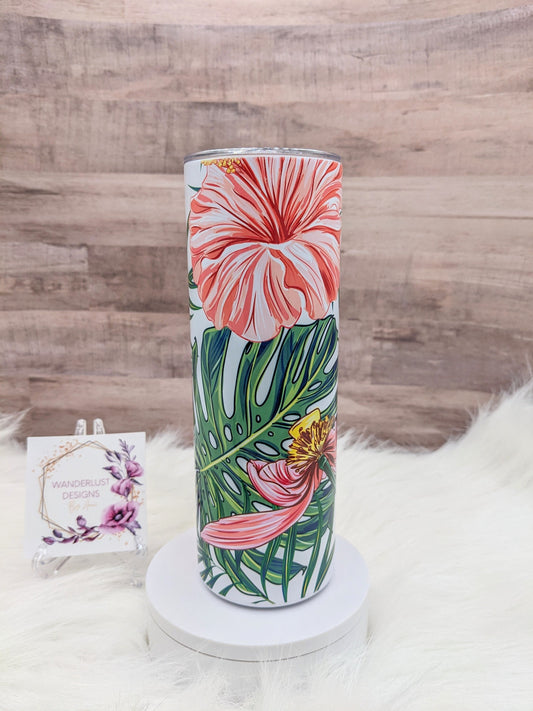 Pink Hibiscus Monstera Tropical 20 Oz Sublimated Skinny Tumbler - Insulated Stainless