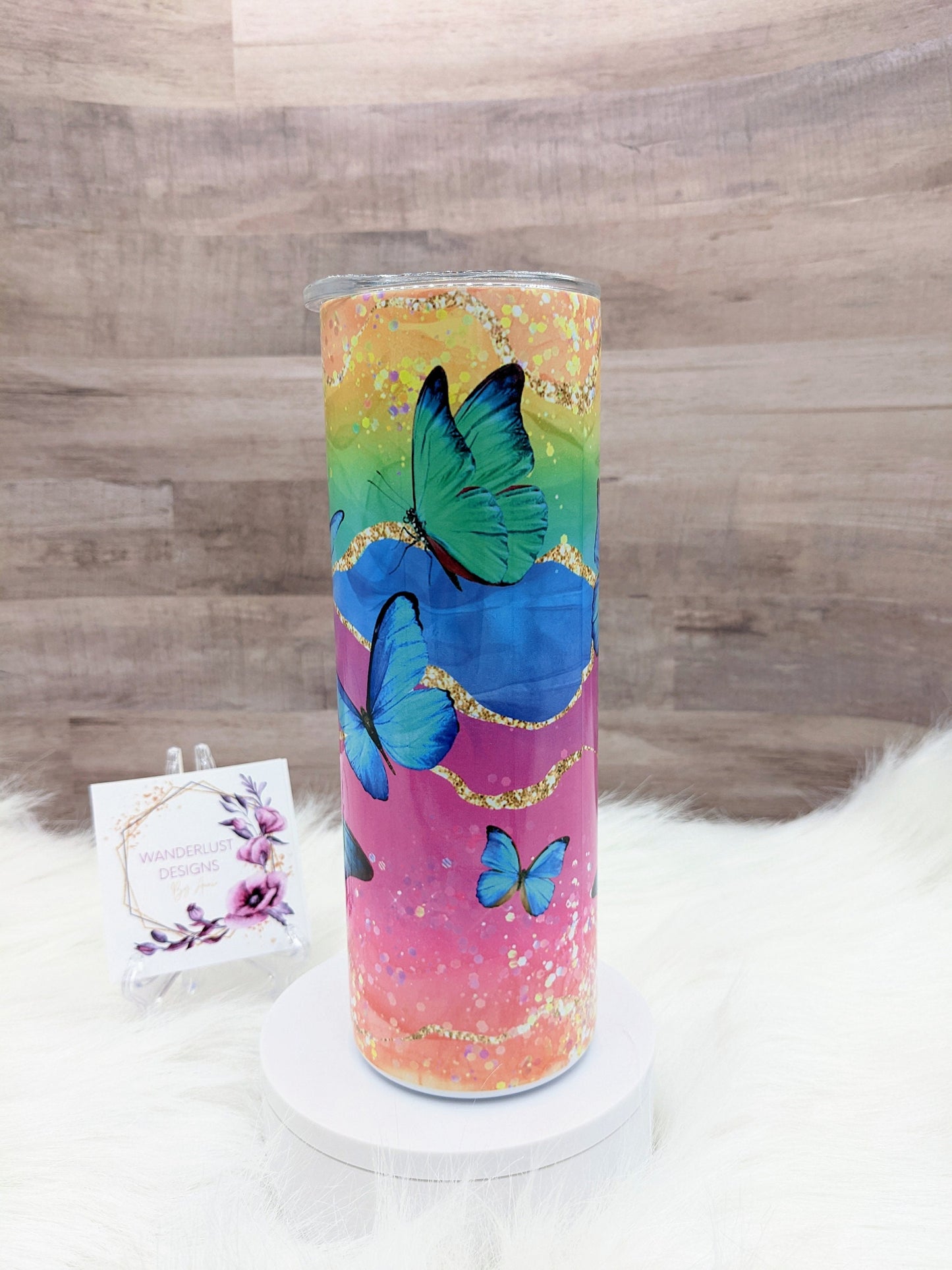 Butterfly Glitter Pink, Coral, Purple, Green Blue Oz Sublimated Skinny Tumbler - Insulated Stainless