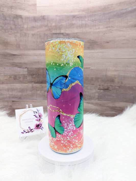 Butterfly Glitter Pink, Coral, Purple, Green Blue Oz Sublimated Skinny Tumbler - Insulated Stainless